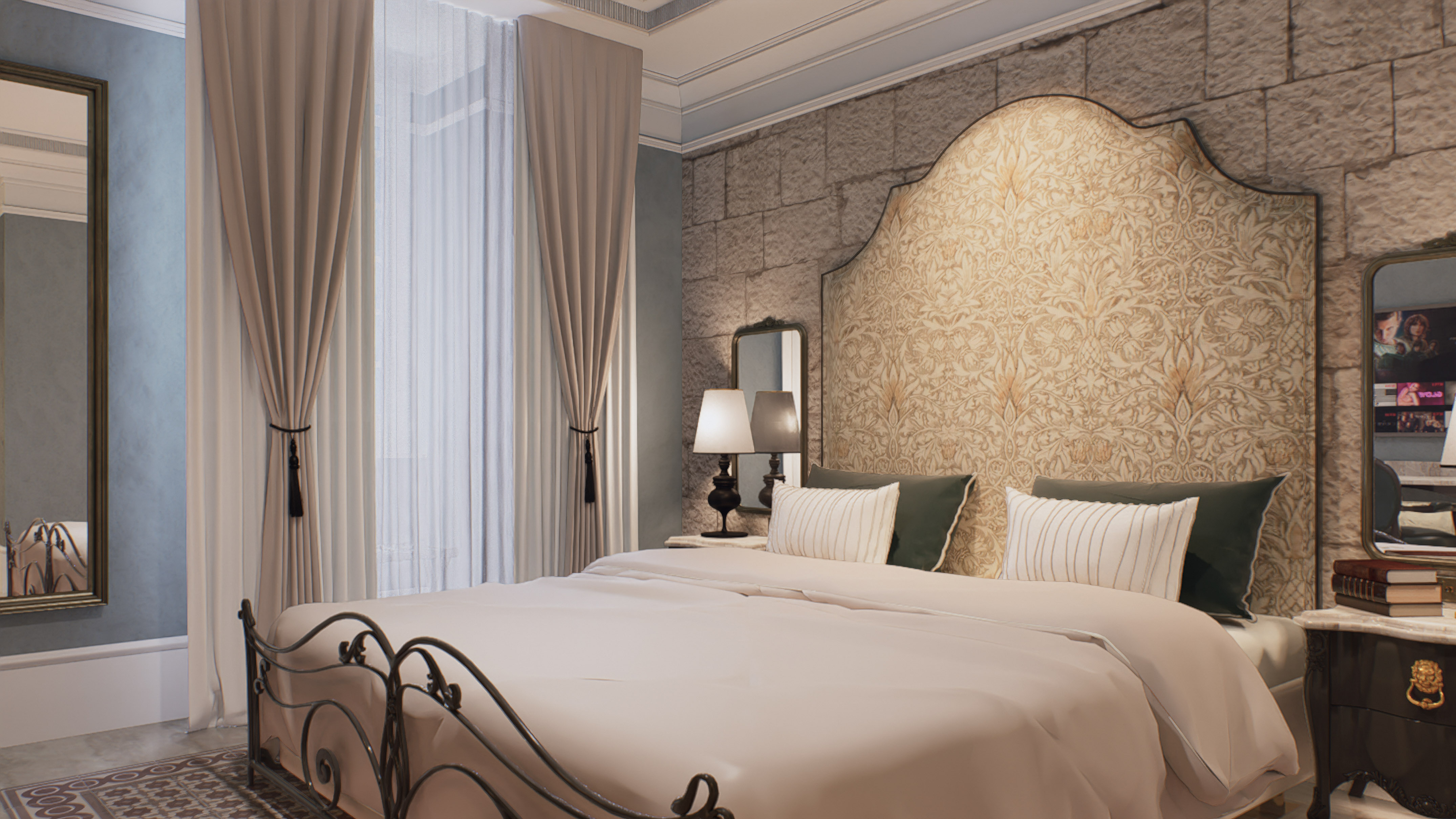 Elegant bedroom with wrought iron bed, floral headboard, stone wall accent.
