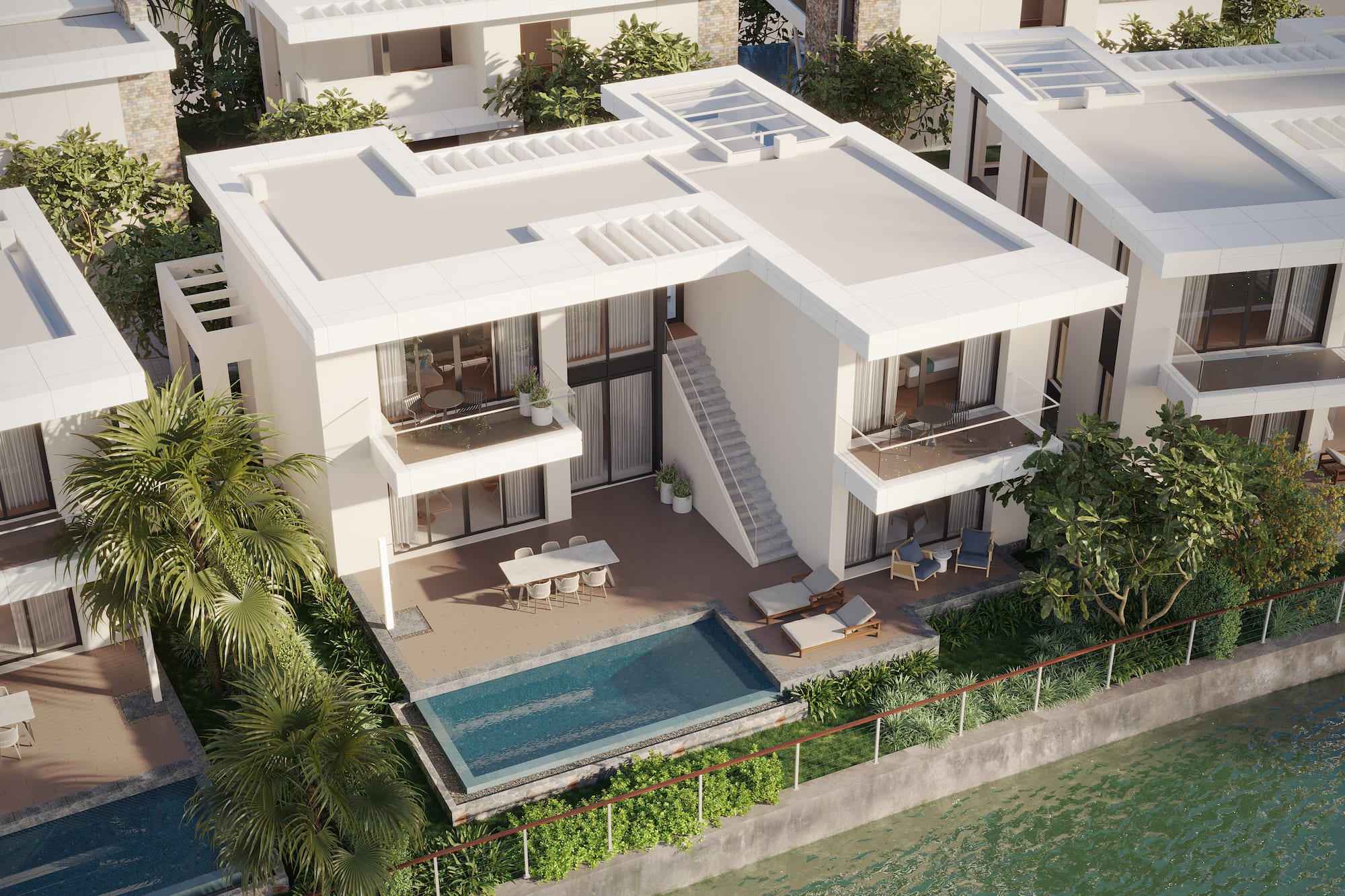 a building with a pool in the middle of it