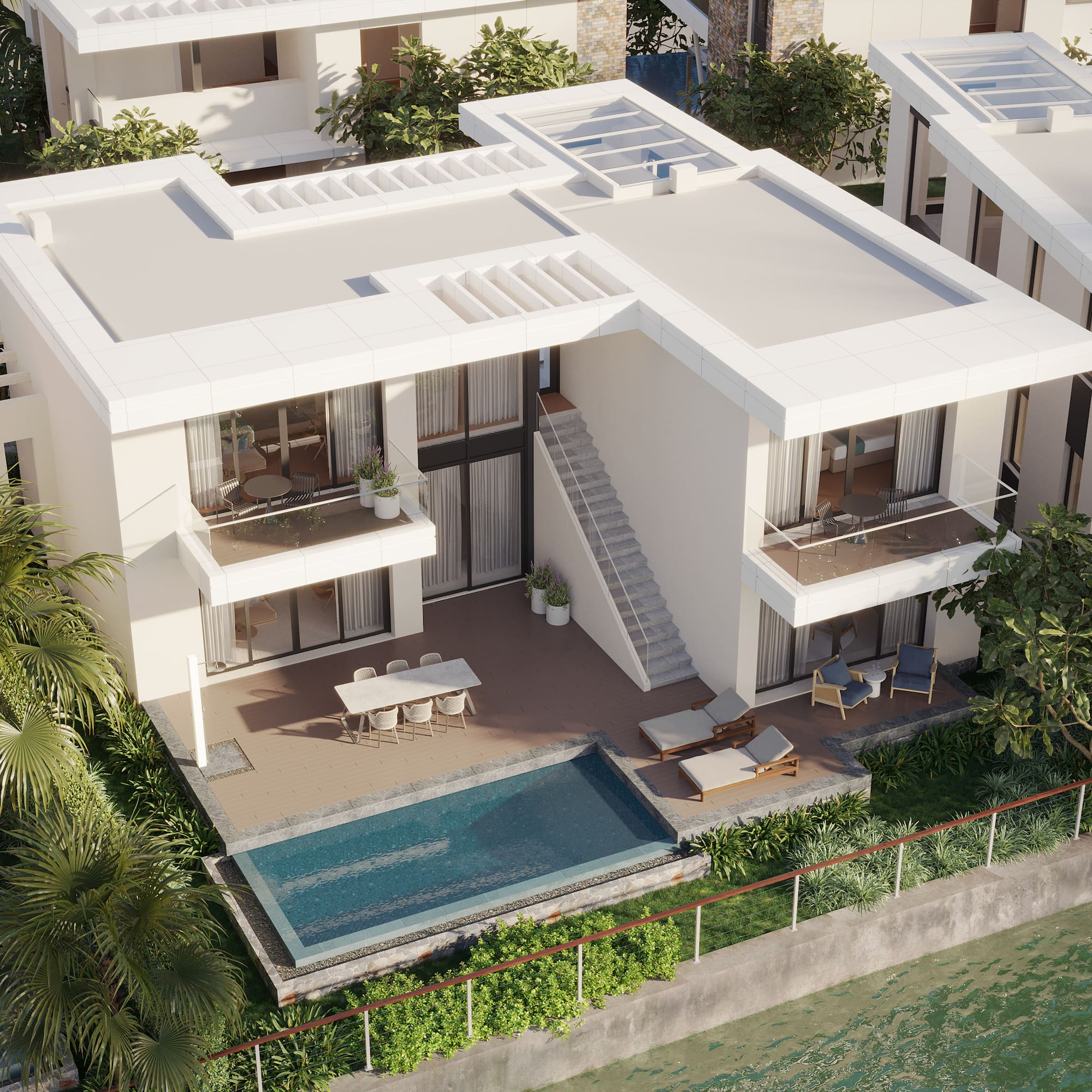 a building with a pool in the middle of it