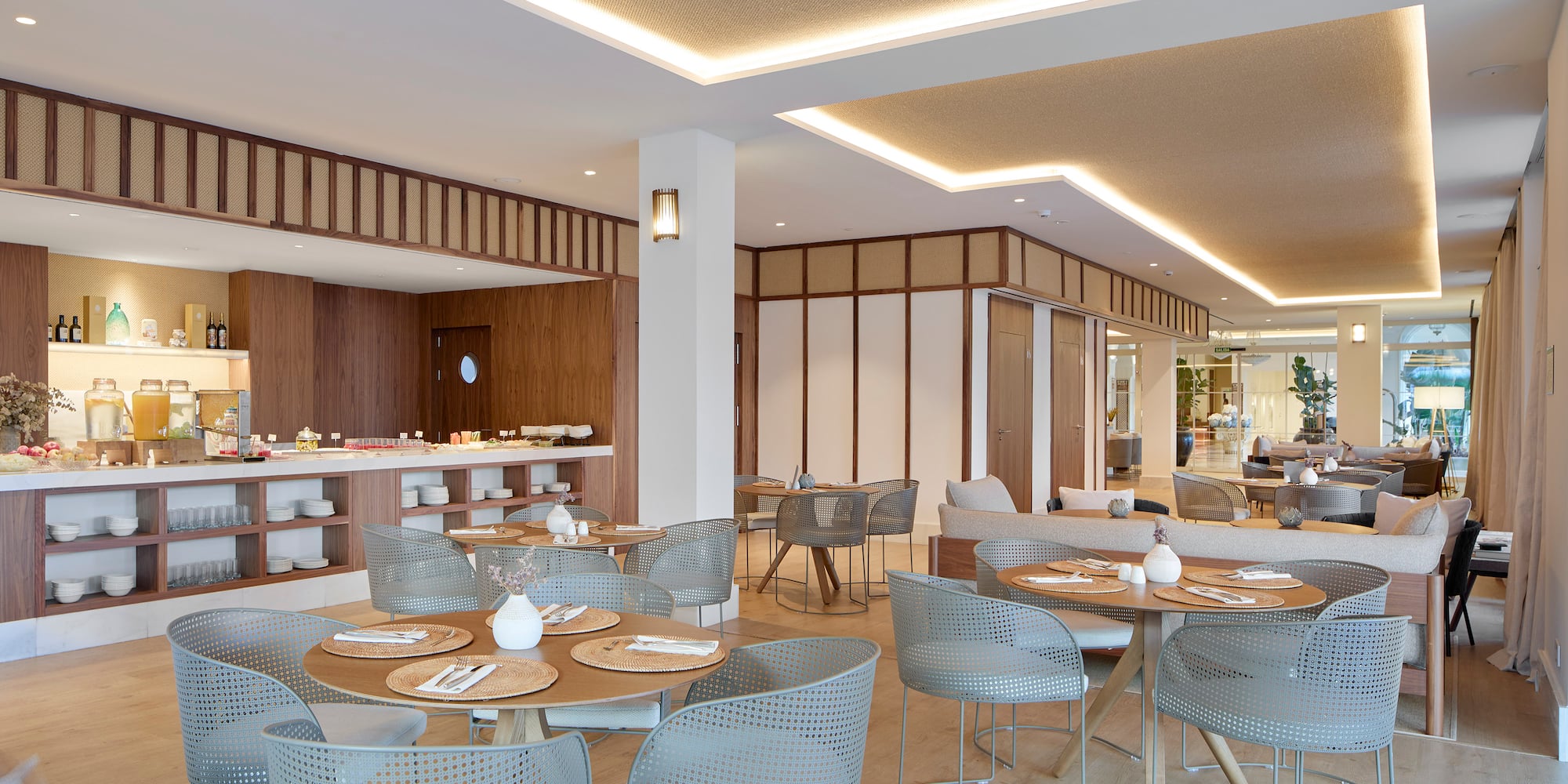 a room with tables and chairs