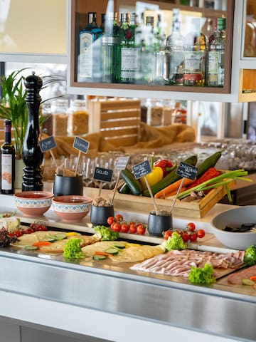 a counter with food on it