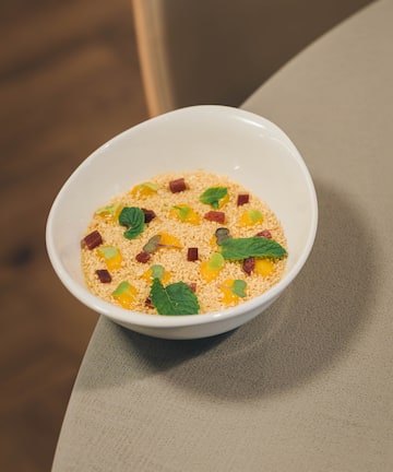 a bowl of food on a table