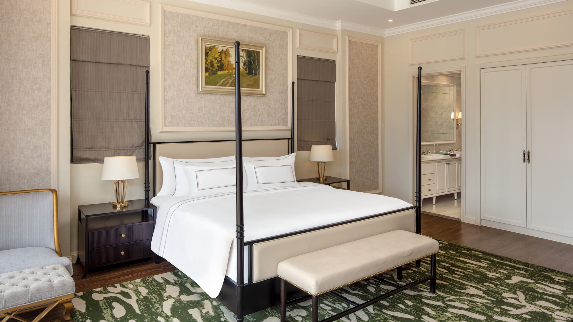 a bed with a four post bed