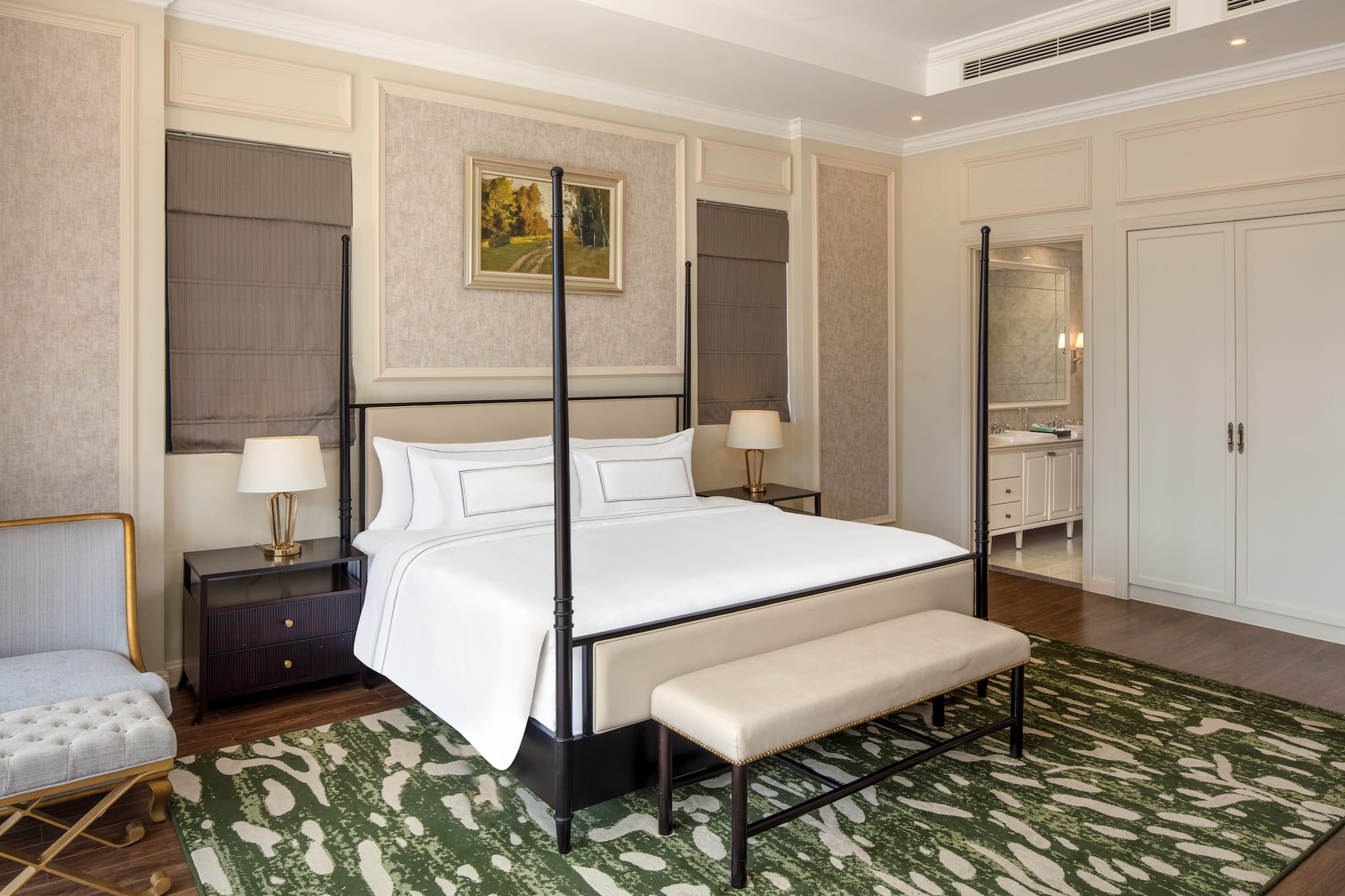 a bed with a four post bed