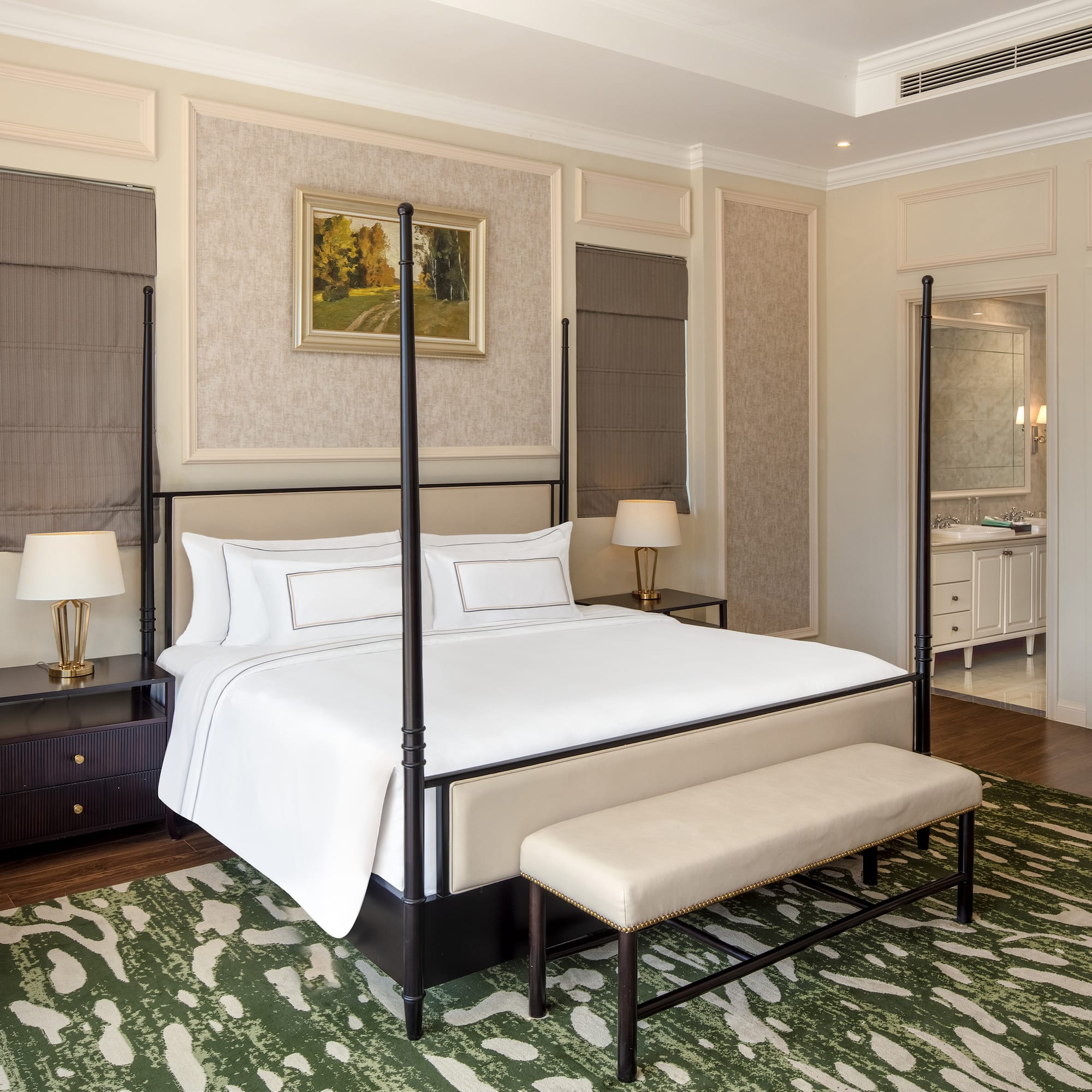 a bed with a four post bed