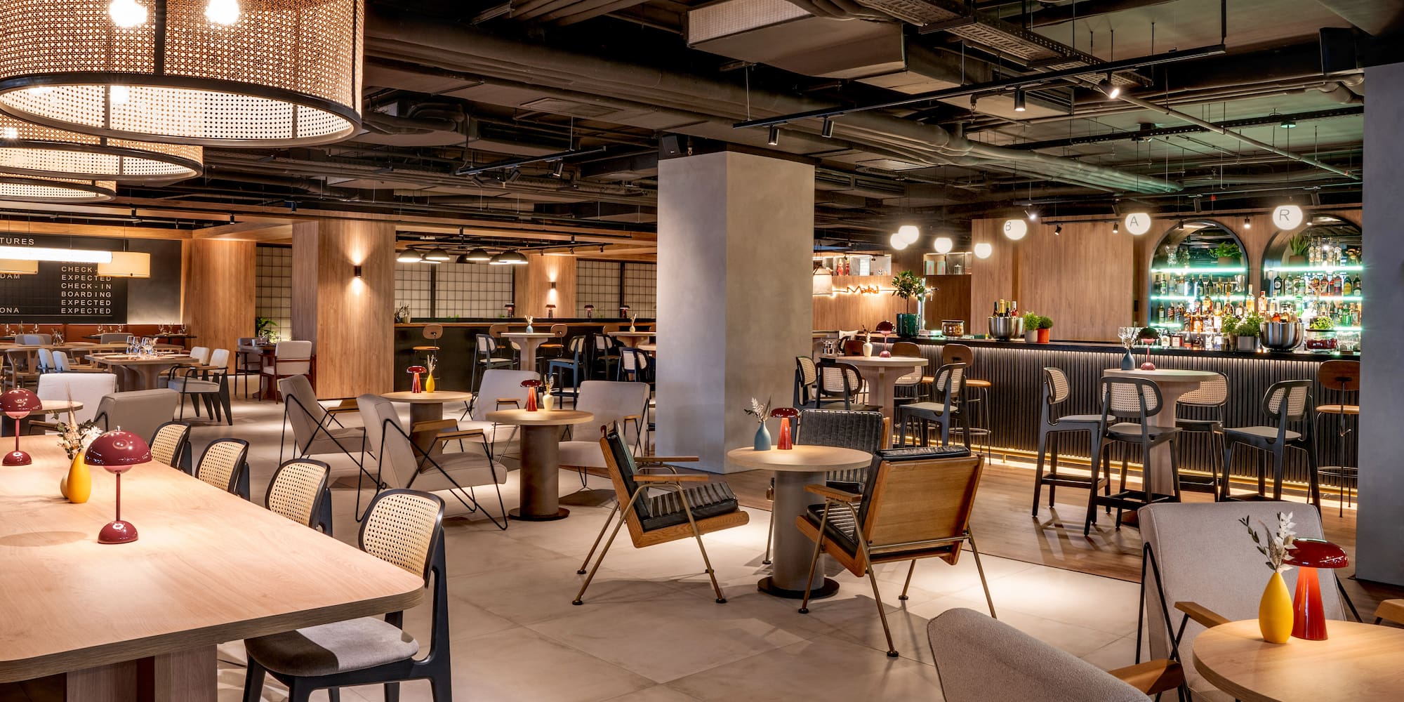 a room with tables and chairs