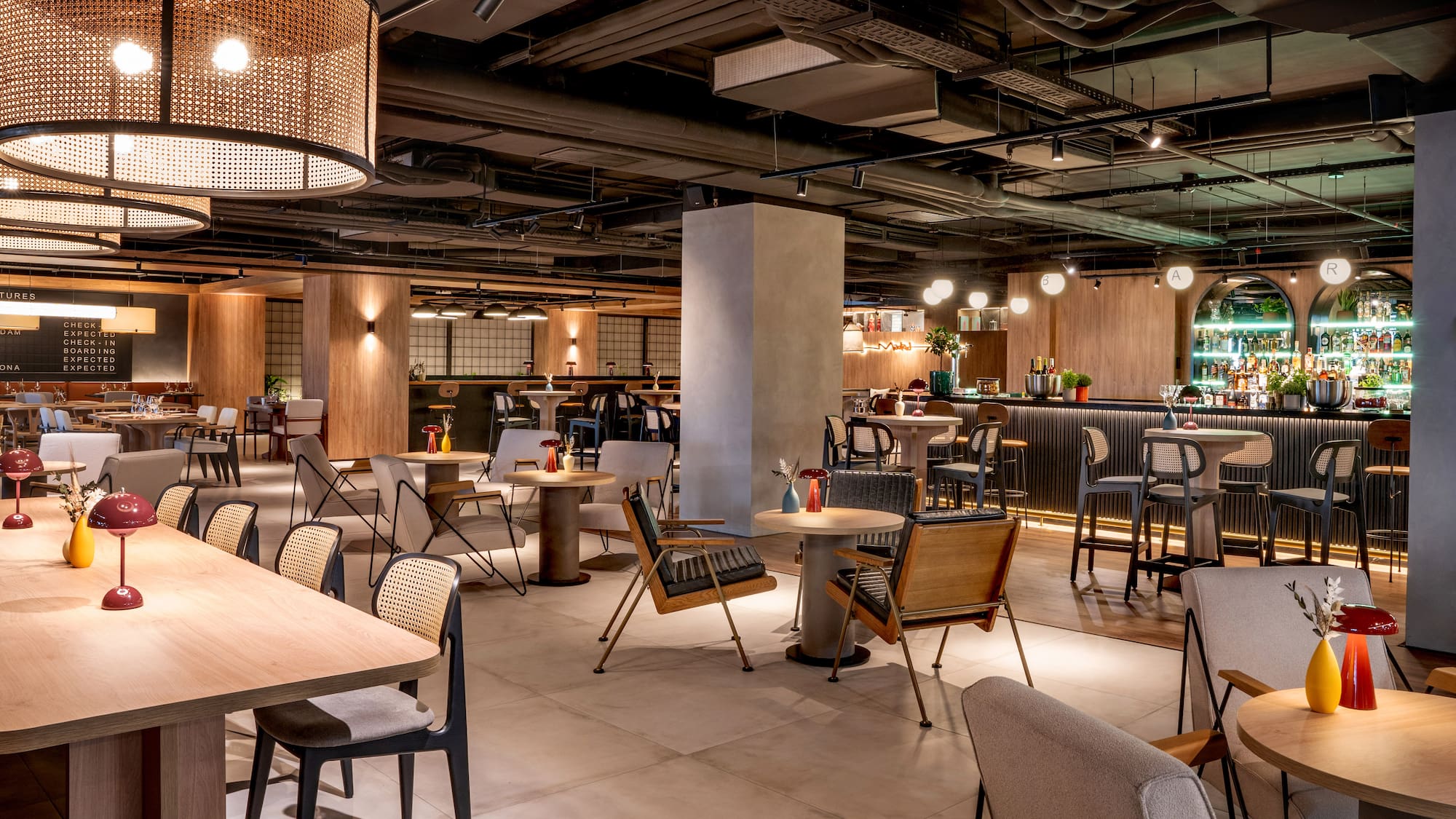 a room with tables and chairs