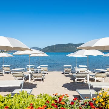 a beach with chairs and umbrellas