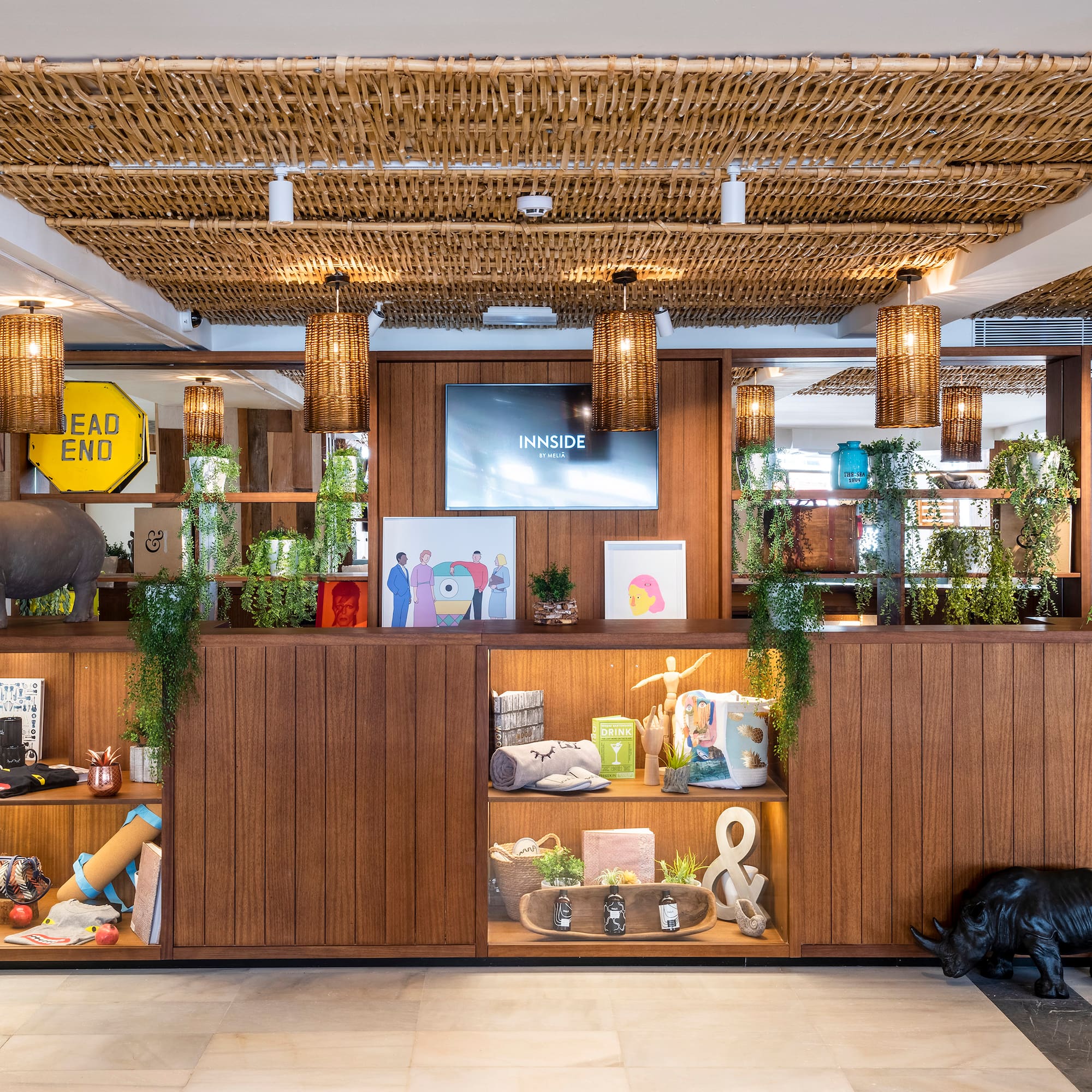 a store with a black rhino on the counter