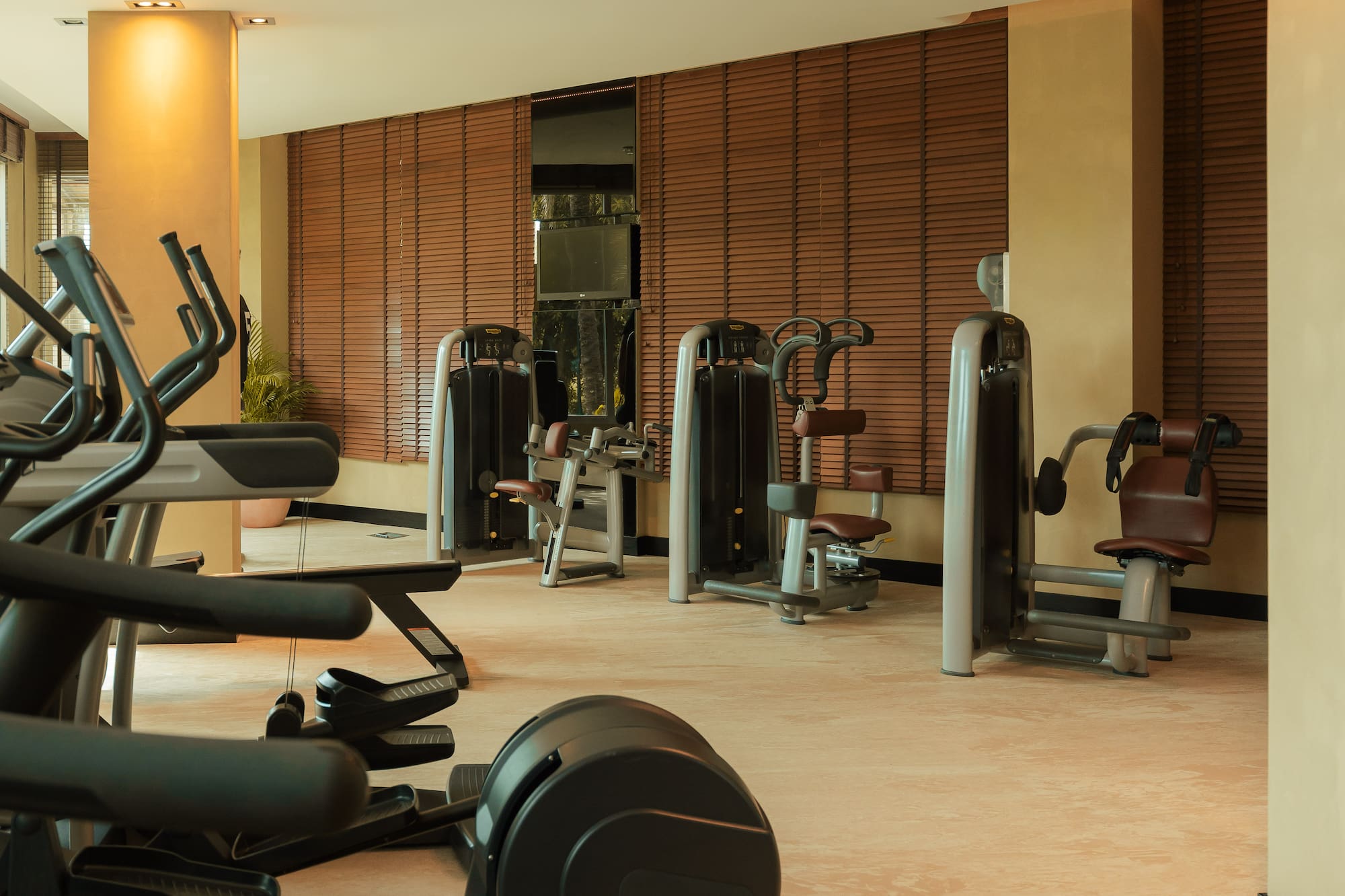 Gimnasio moderno con elípticas y máquinas, persianas de madera y luz cálida.