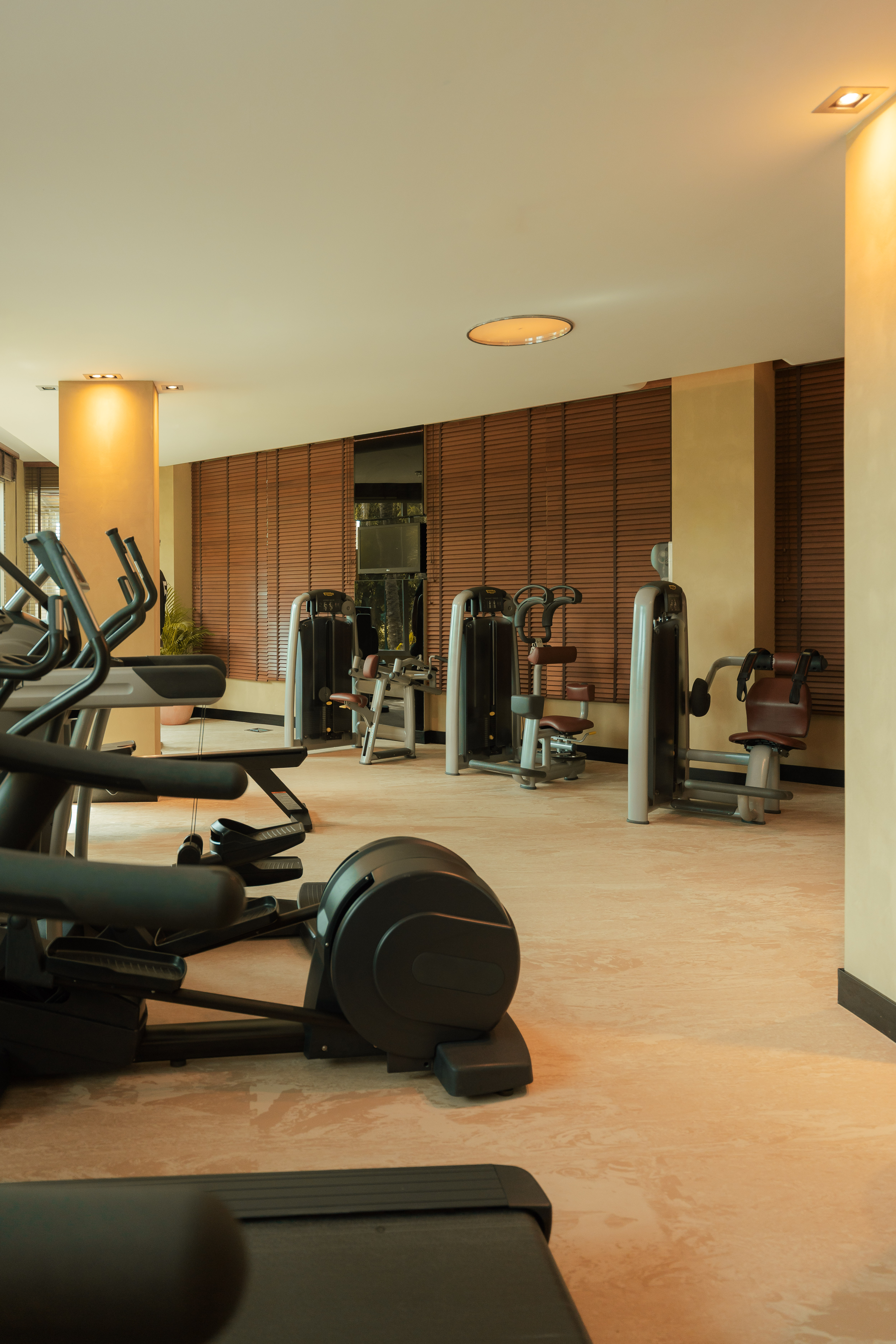 Gimnasio moderno con elípticas y máquinas, persianas de madera y luz cálida.