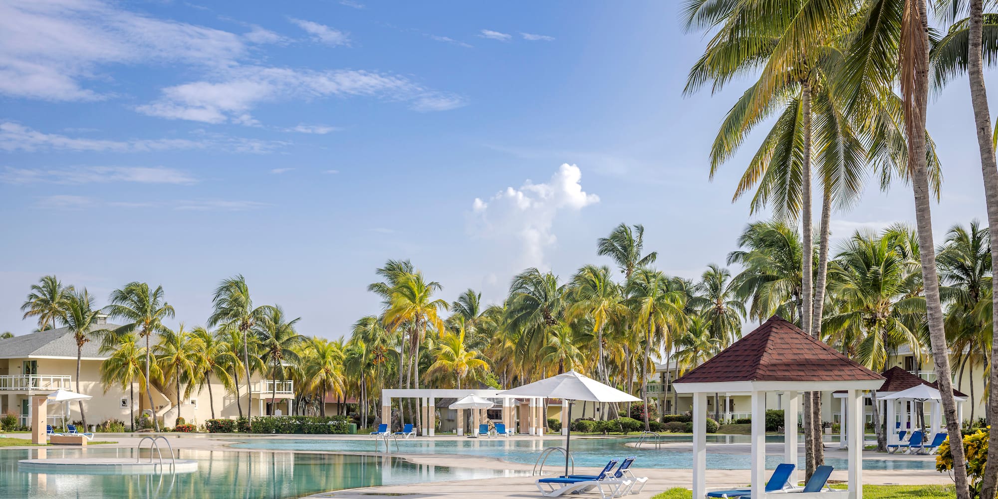 a pool with lounge chairs and umbrellas