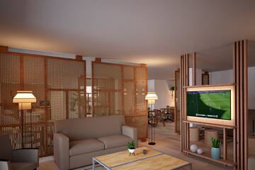 a living room with a tv and a couch