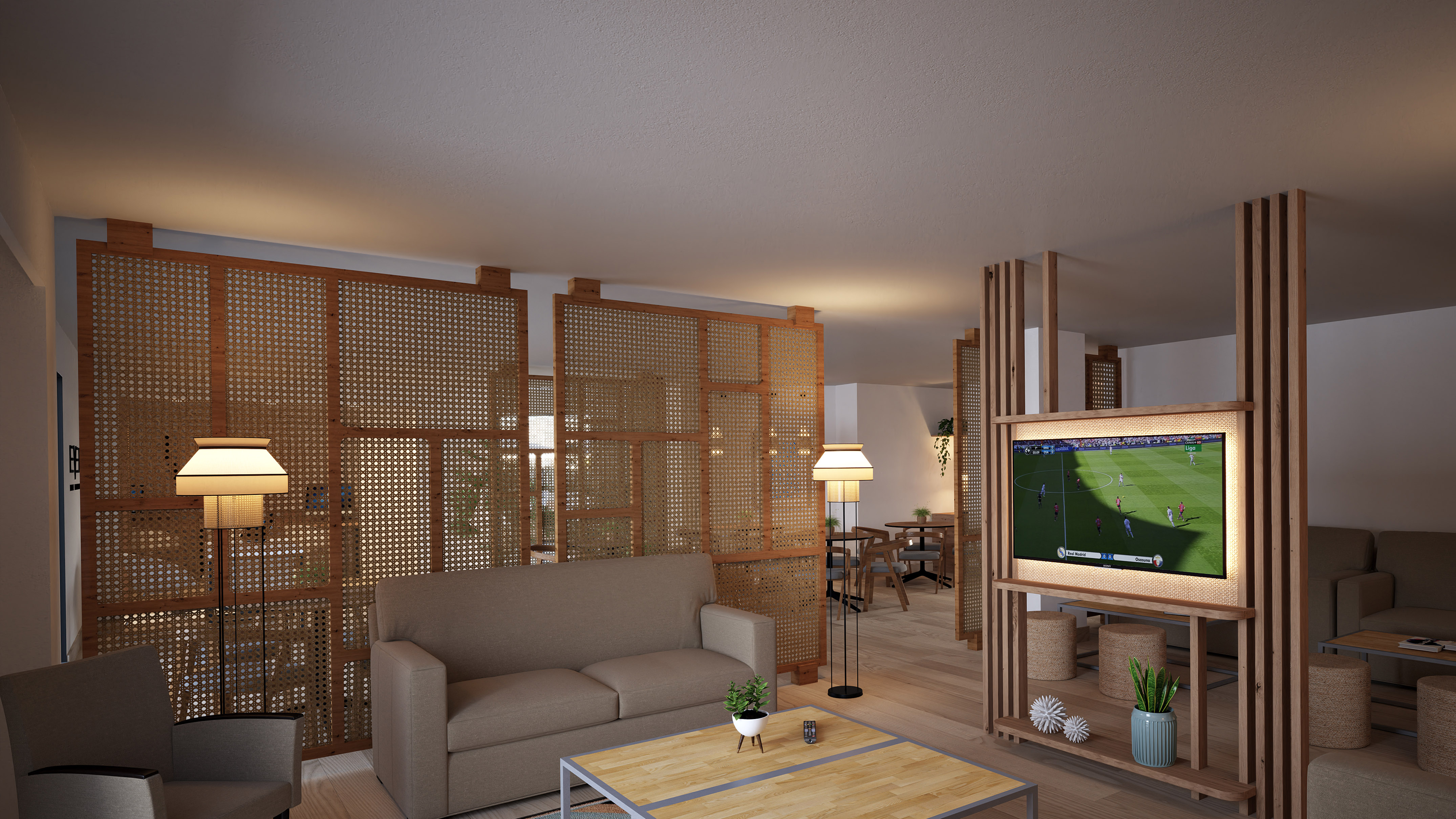 Contemporary lounge with wooden cane room dividers, sofas, and TV.