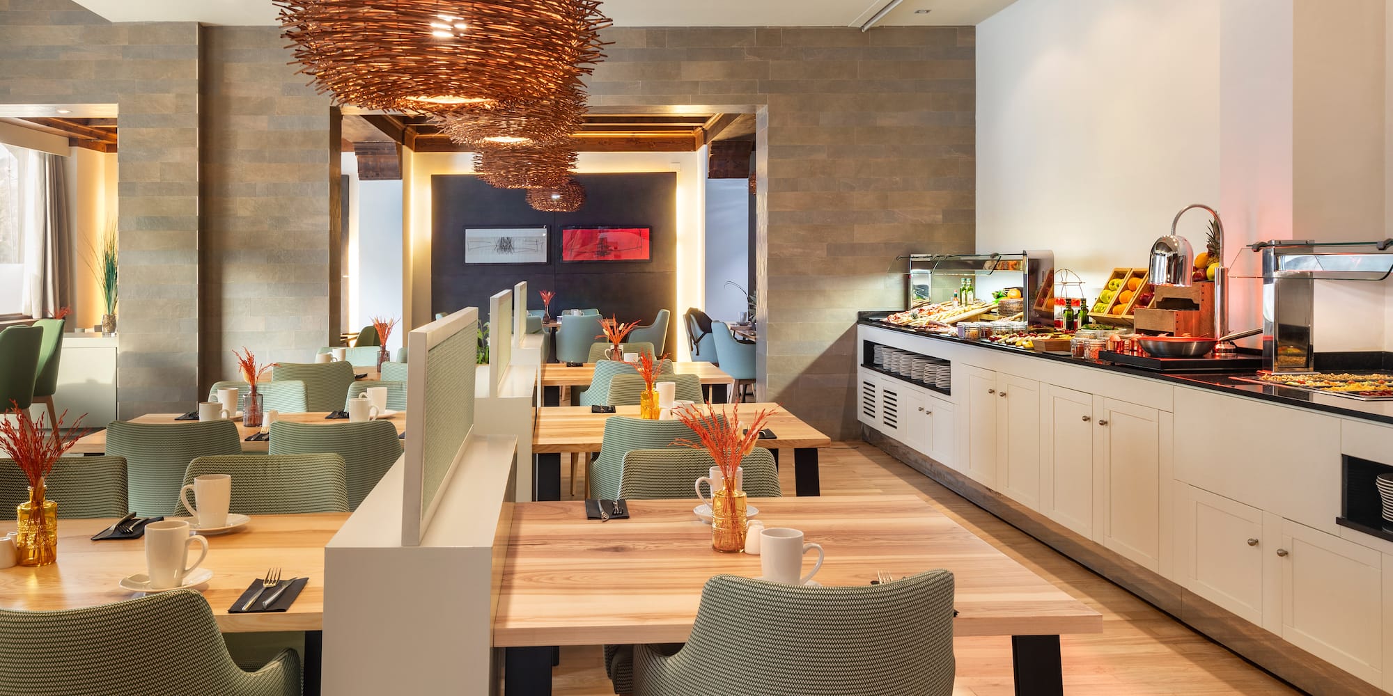 a restaurant with tables and chairs