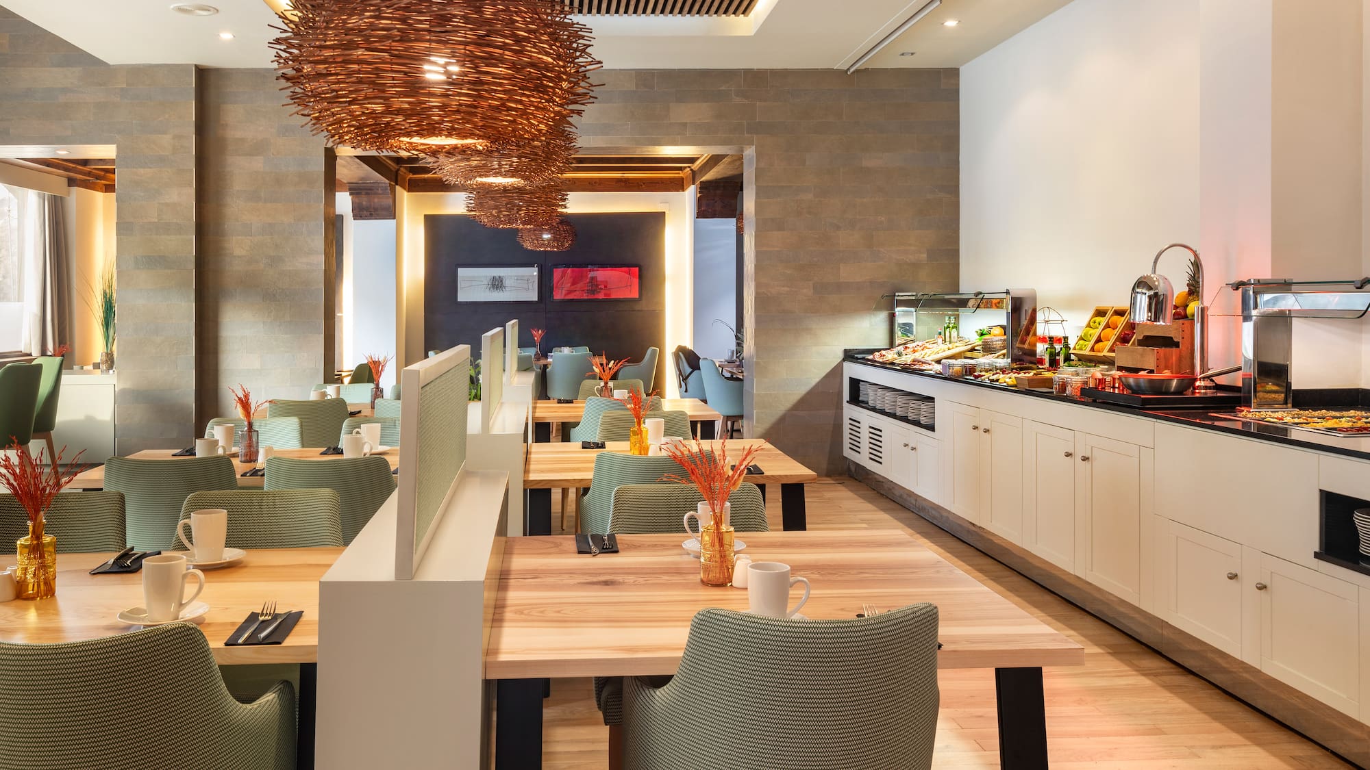 a restaurant with tables and chairs