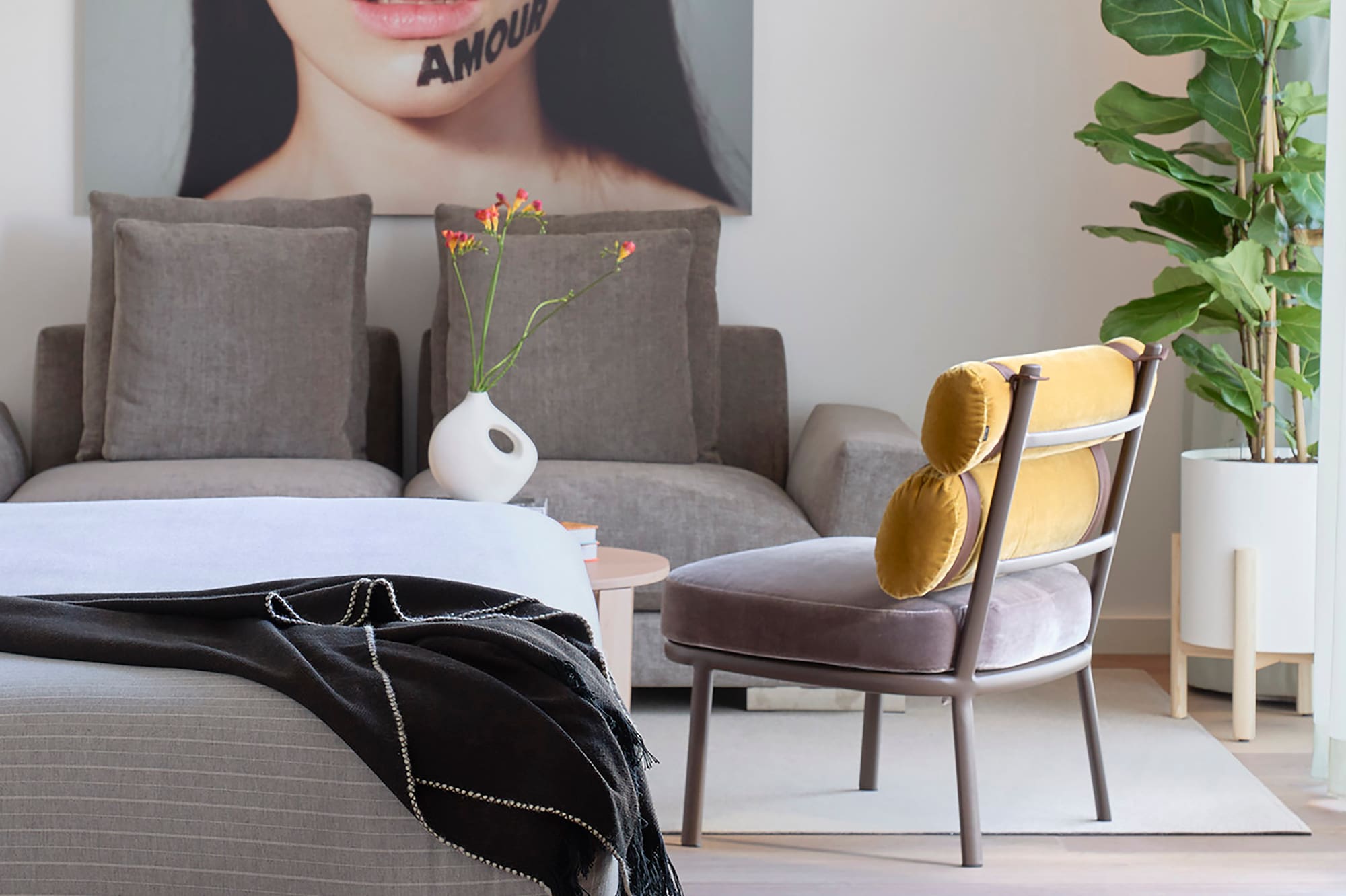 a room with a couch and a plant