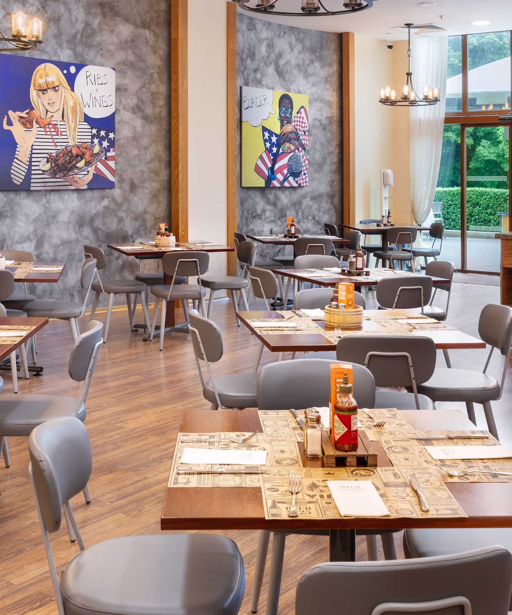 a room with tables and chairs