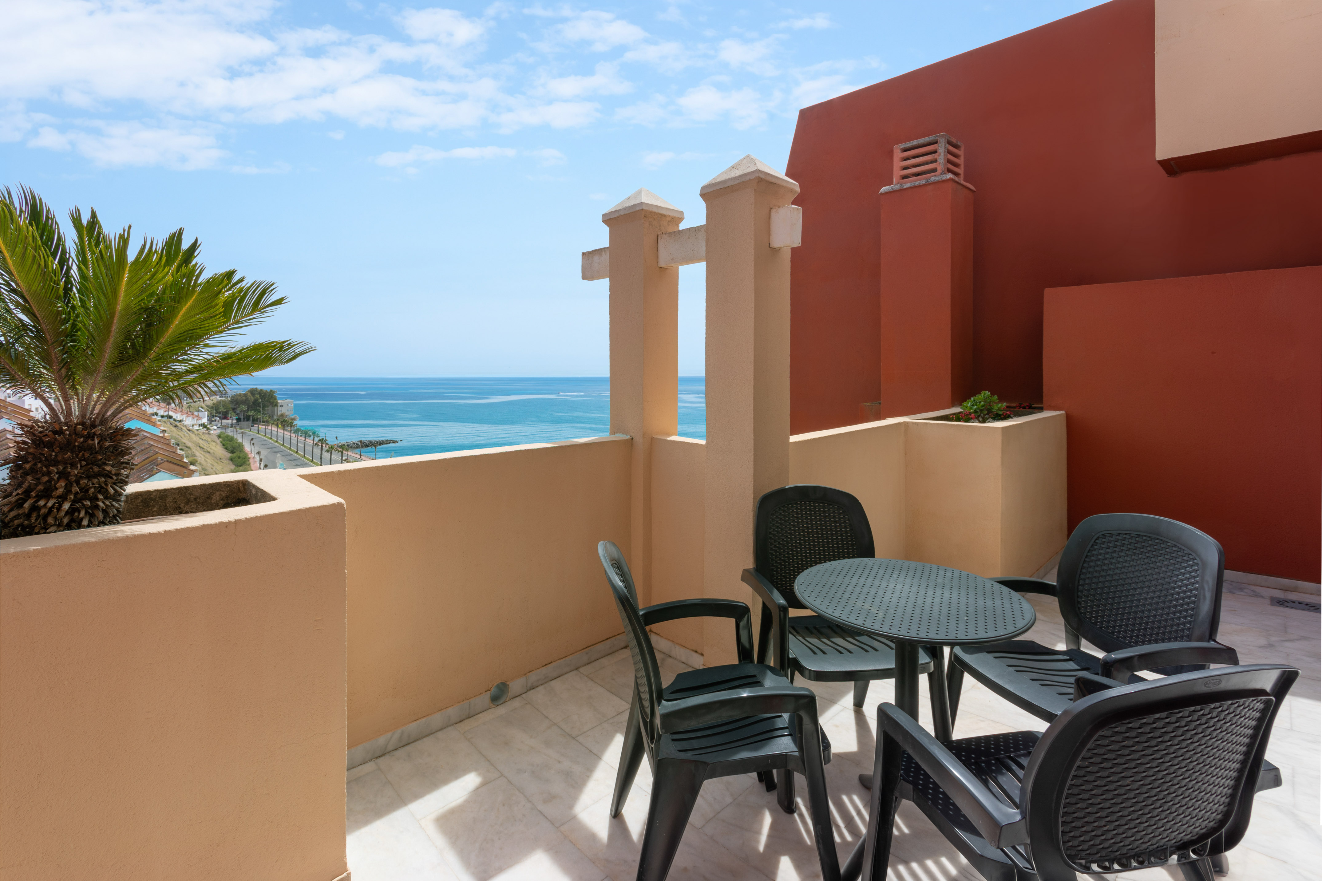 Coastal balcony with ocean view, palm tree, and outdoor dining set.