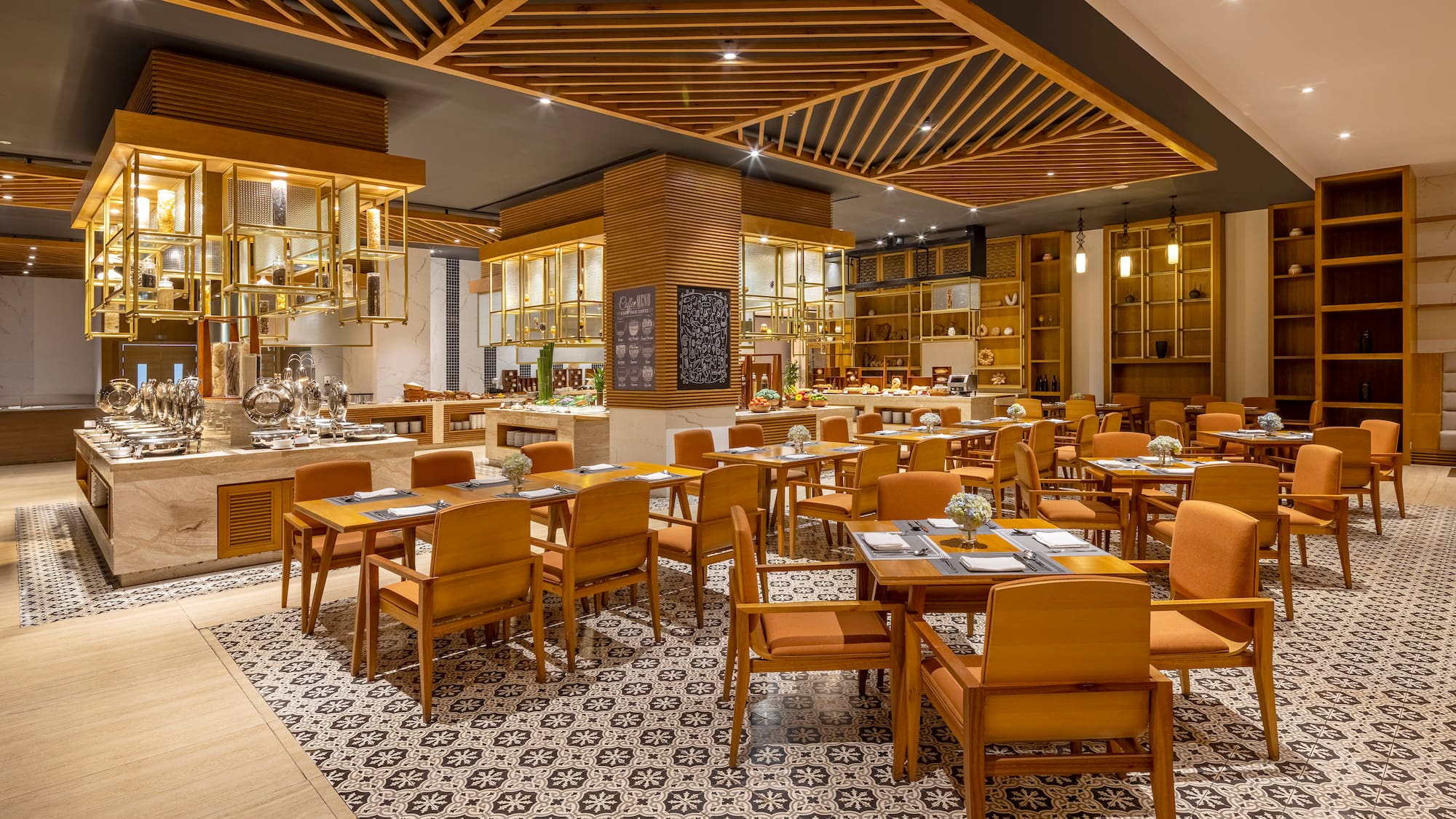 a restaurant with tables and chairs