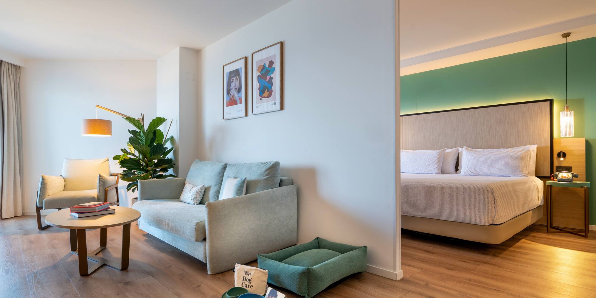 a room with a bed and couch