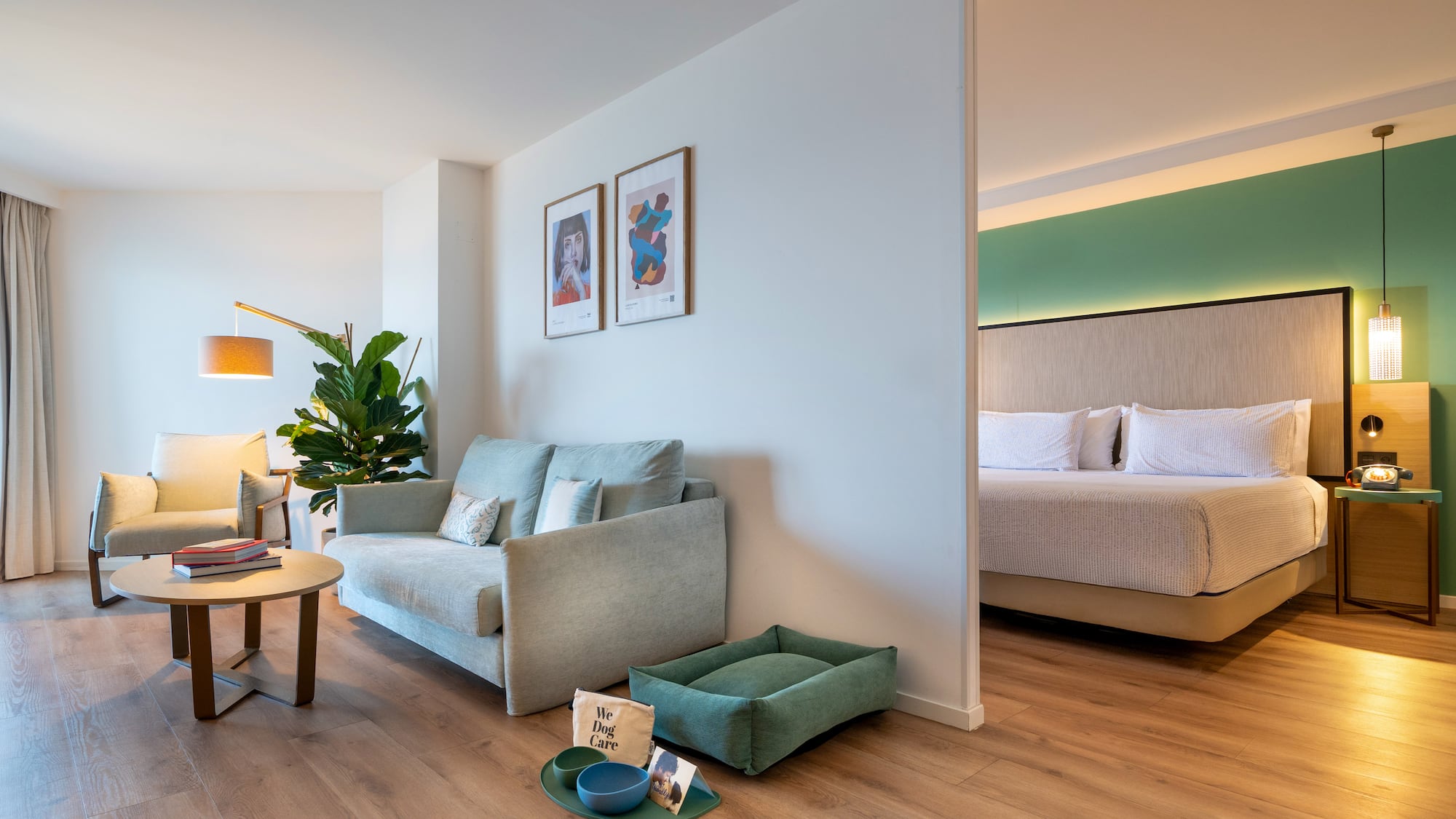 a room with a bed and couch