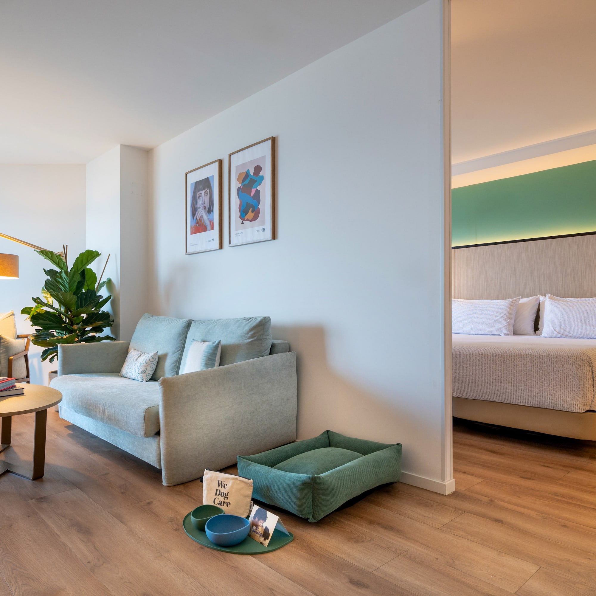 a room with a bed and couch