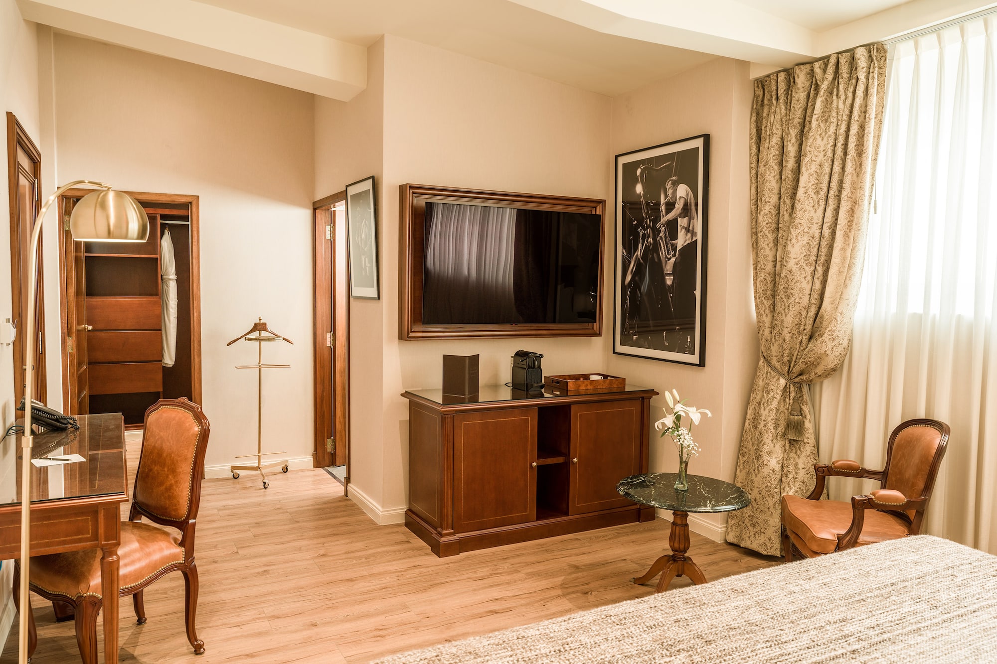 a room with a tv and a table