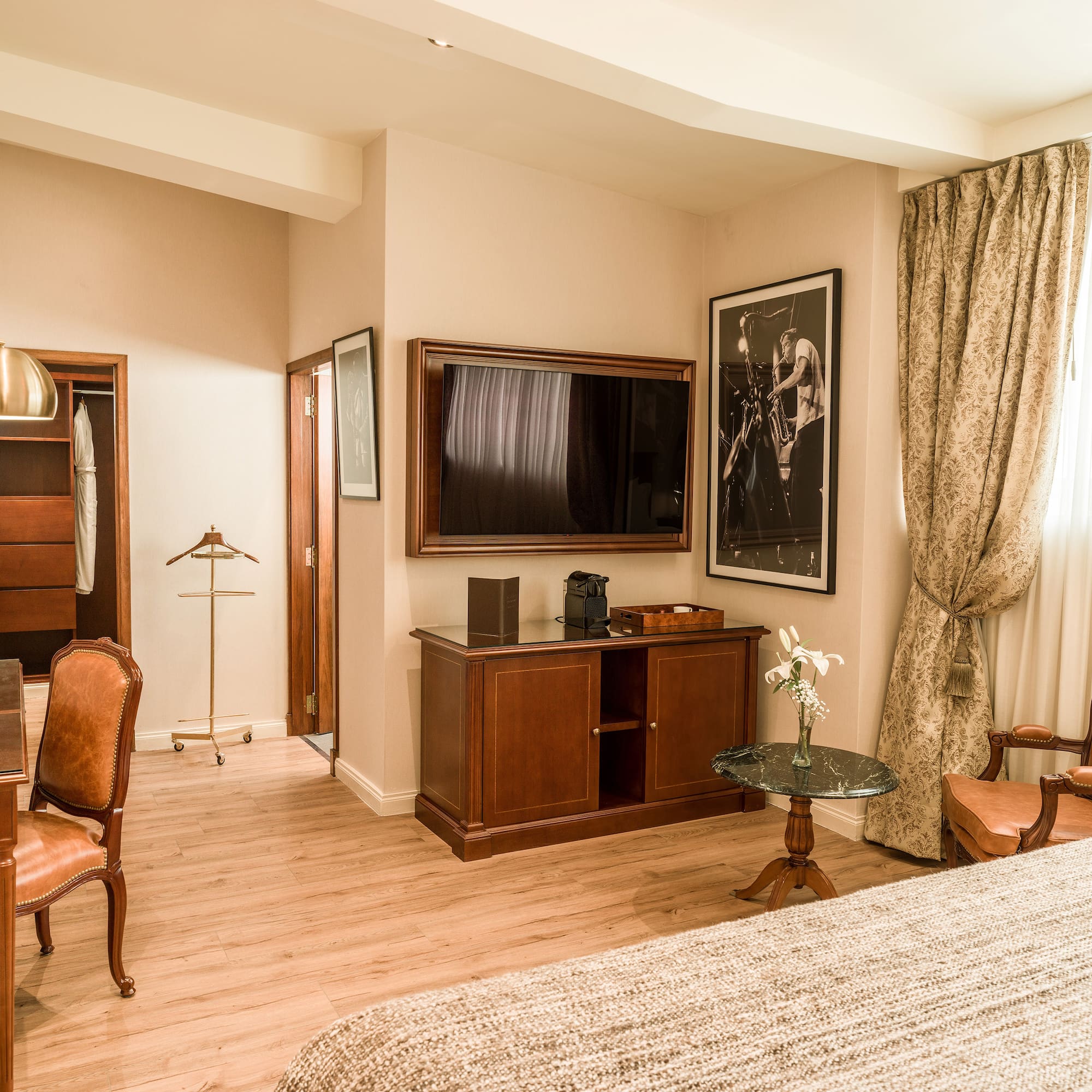 a room with a tv and a table