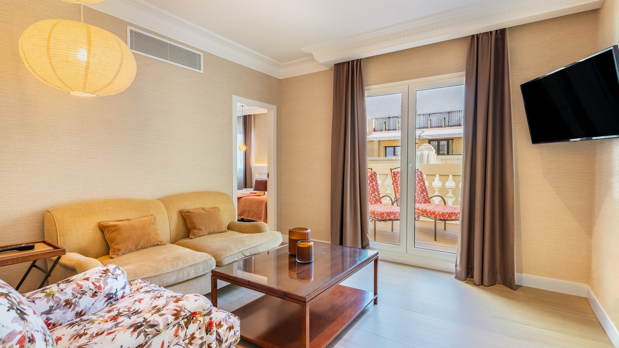 a living room with a couch and a coffee table