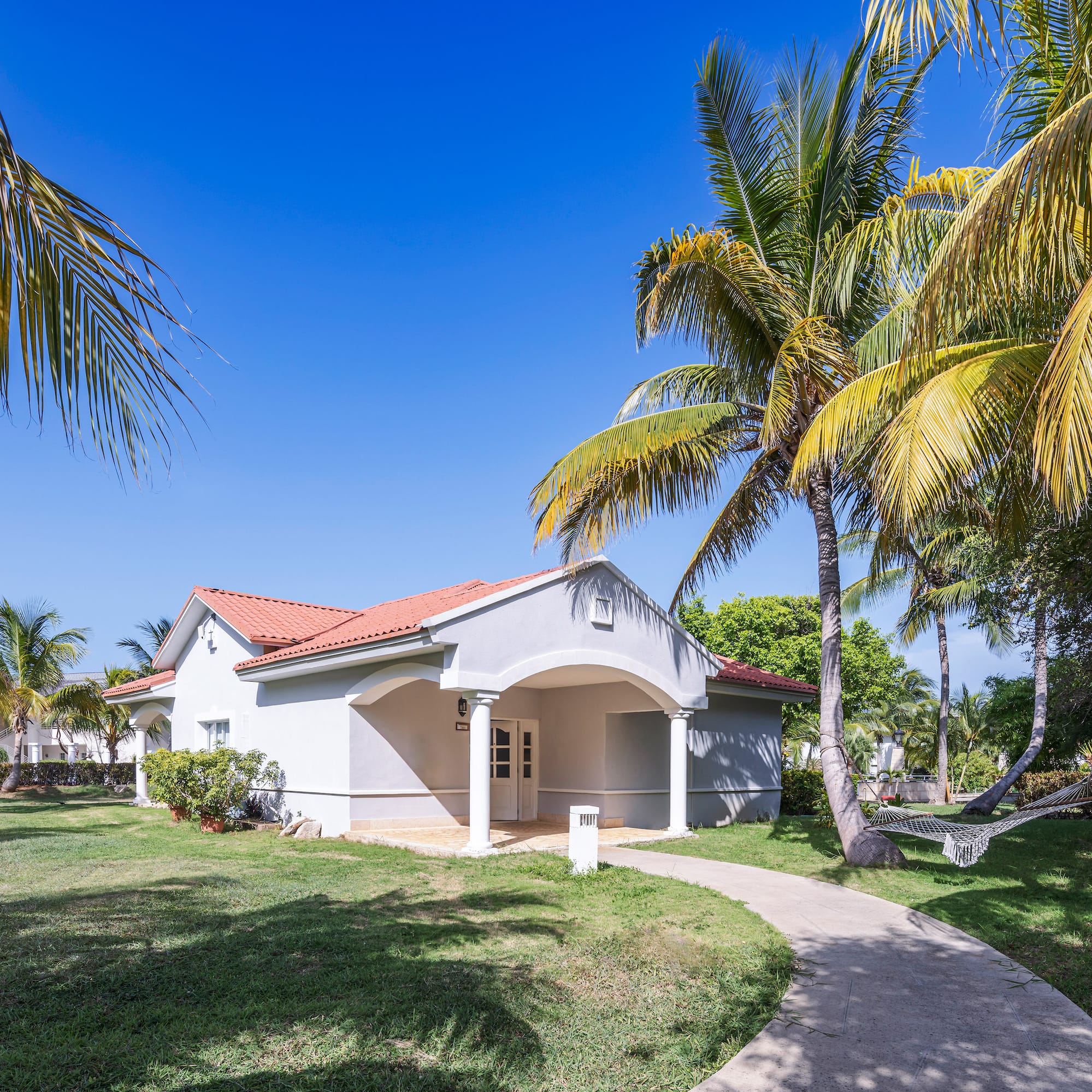 a white house with palm trees