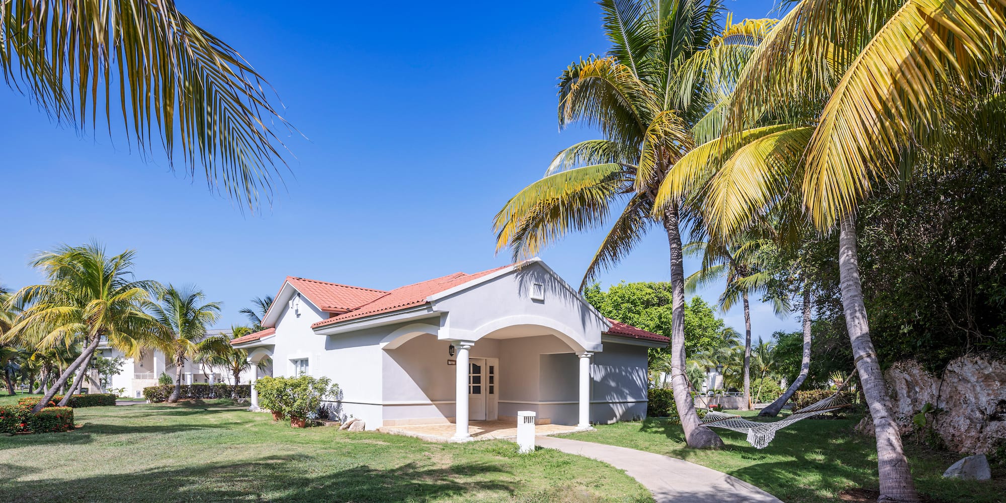 a white house with palm trees