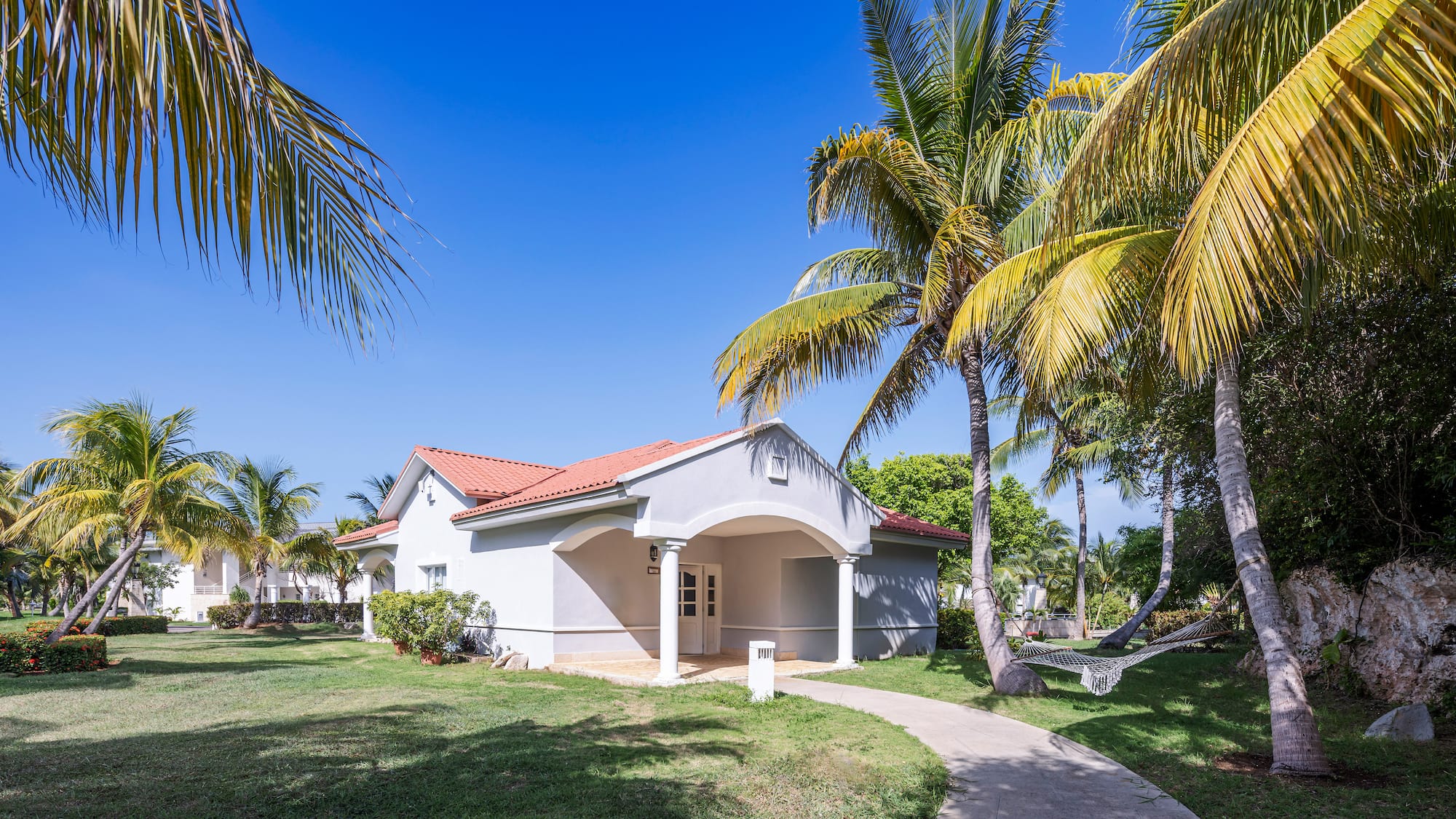 a white house with palm trees