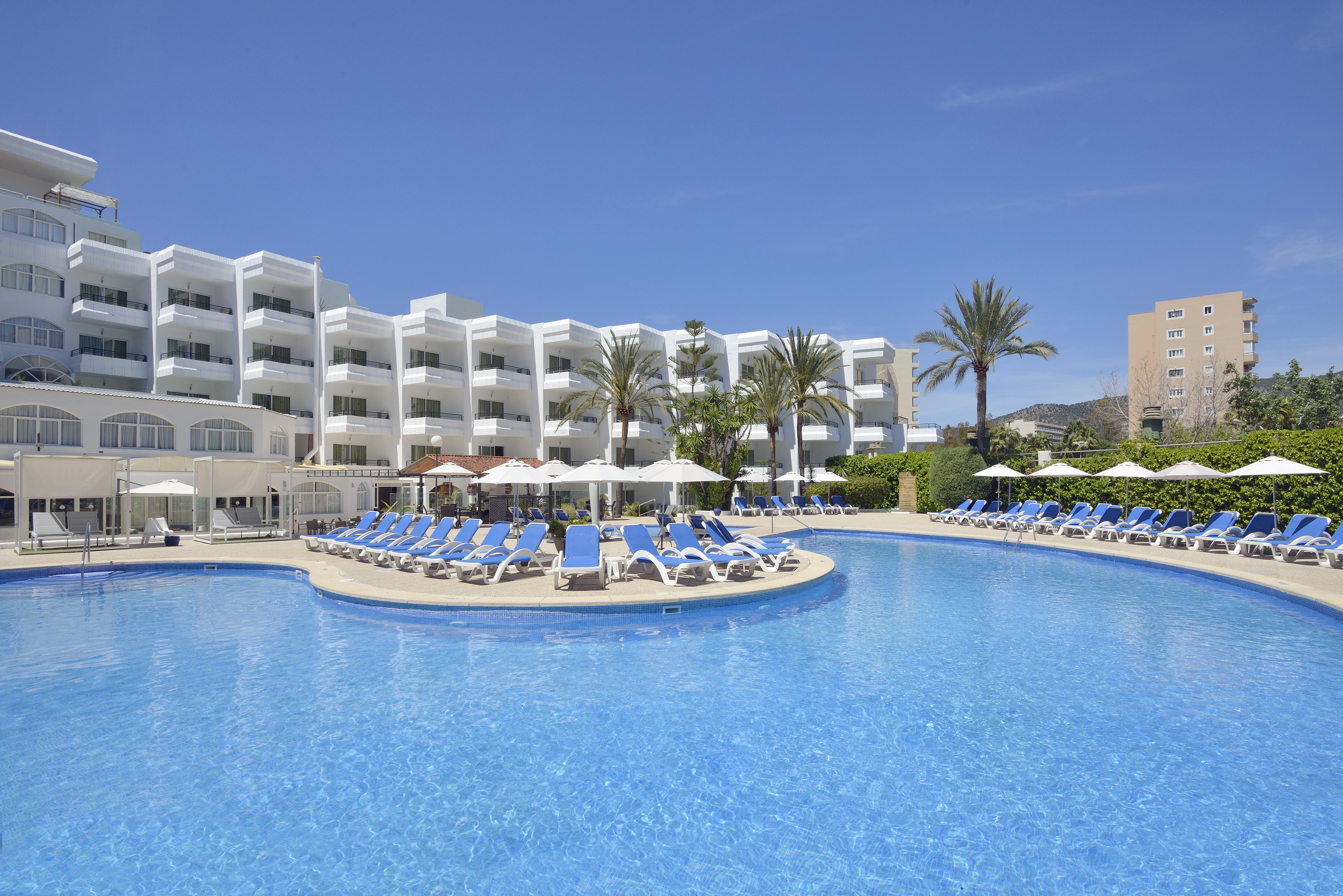 Resort hotel outdoor pool, blue sun loungers, and palm trees.