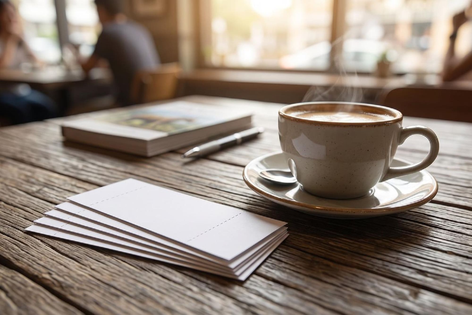 Taza de café humeante, tarjetas y libro en mesa de madera de cafetería.