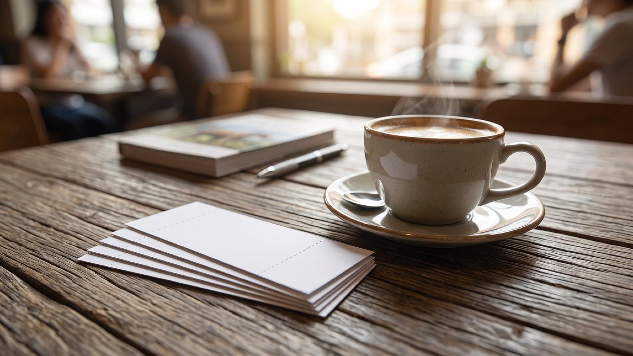 Taza de café humeante, tarjetas y libro en mesa de madera de cafetería.