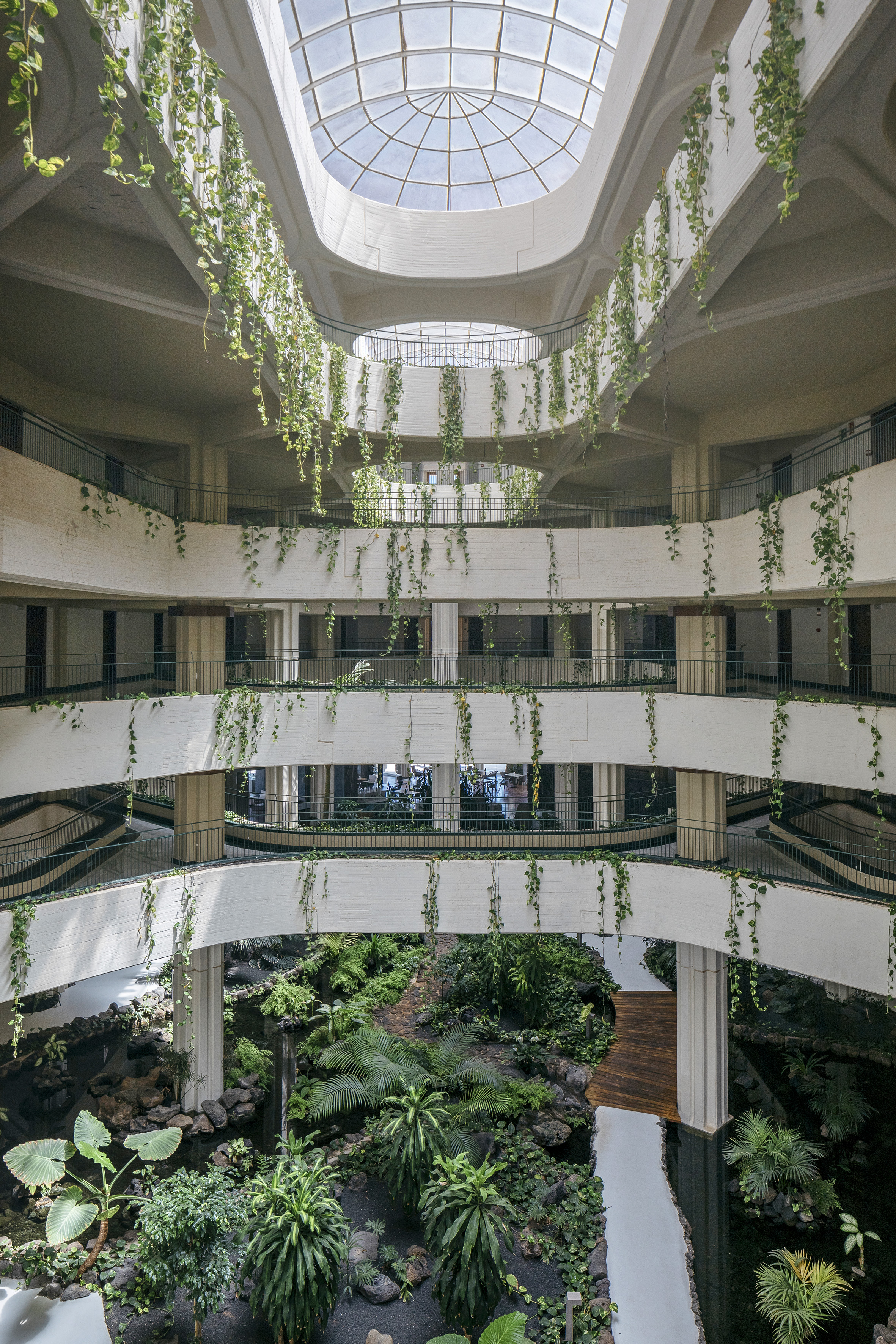 Multi-story atrium with lush indoor garden, hanging plants, and glass skylight.