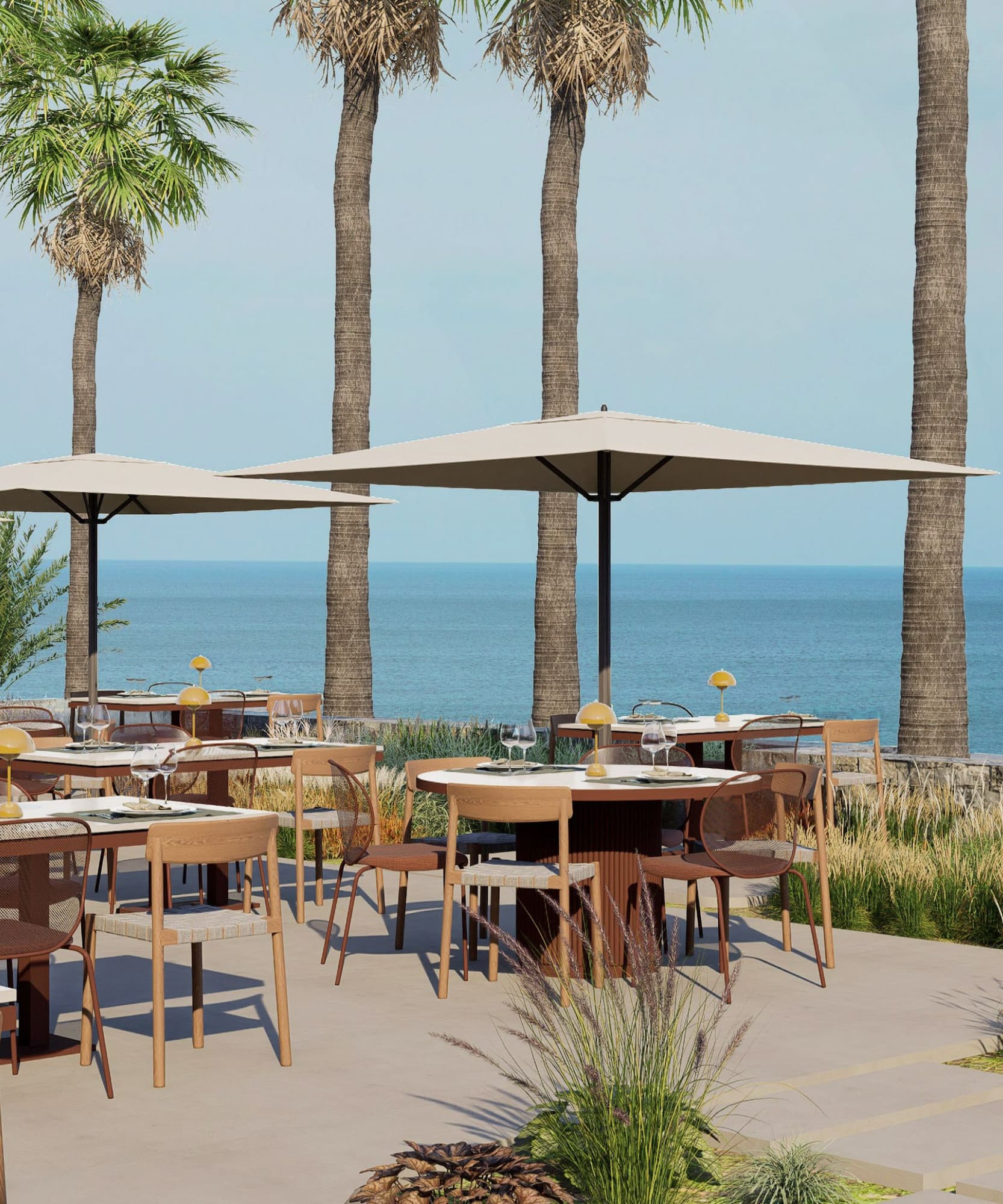 a tables and chairs outside with a beach and palm trees