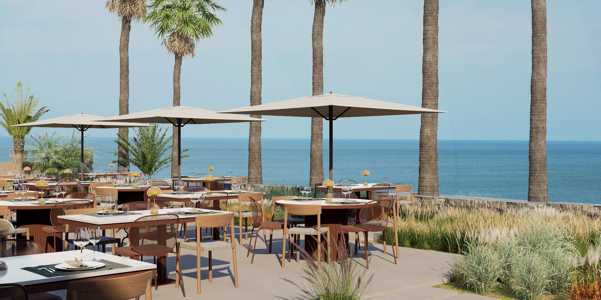 a tables and chairs outside with a beach and palm trees
