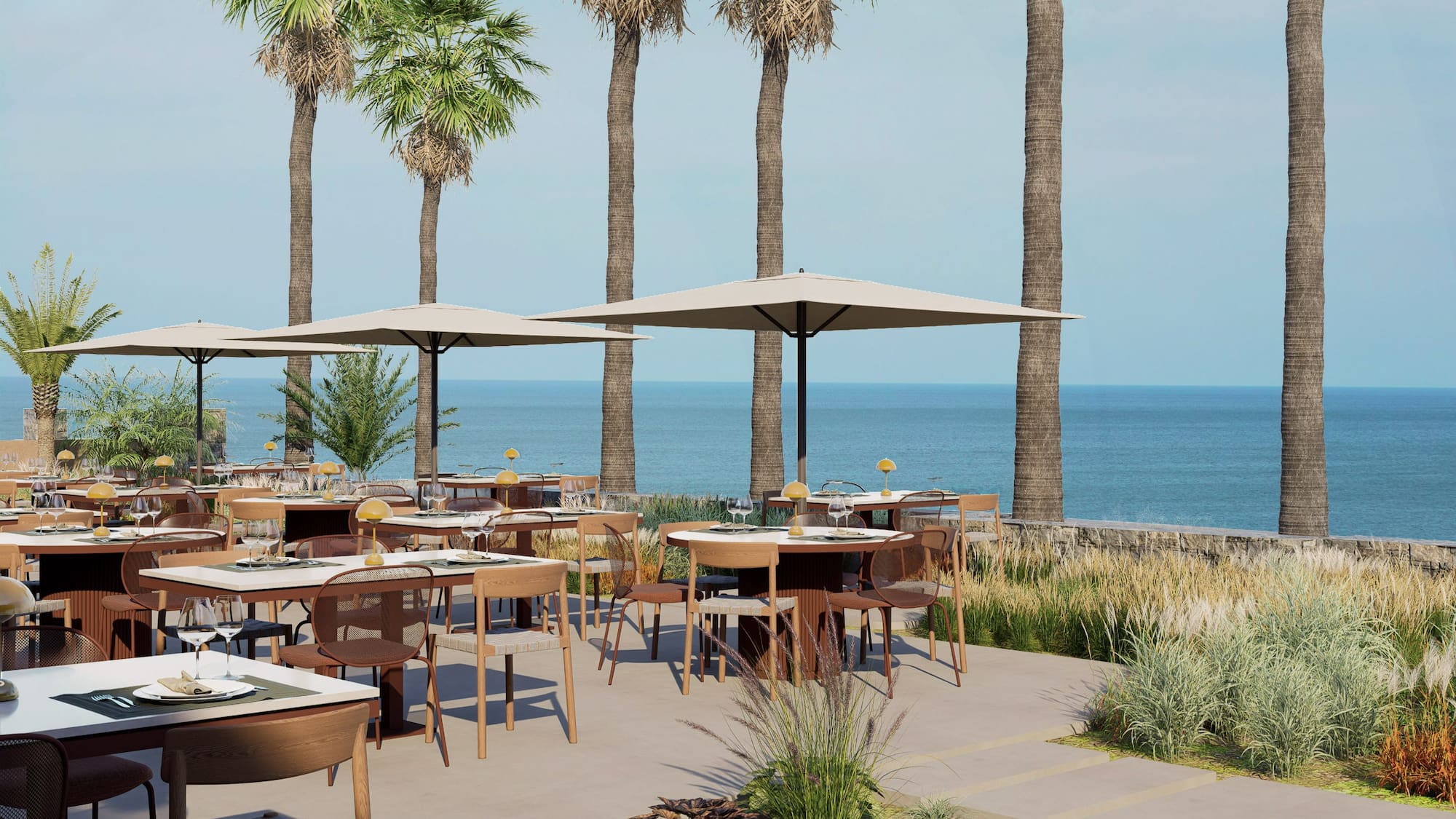 a tables and chairs outside with a beach and palm trees