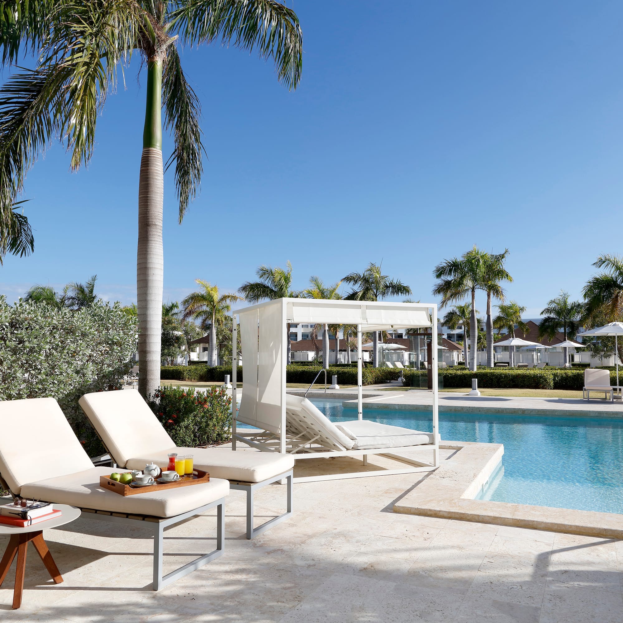 a pool with lounge chairs and palm trees