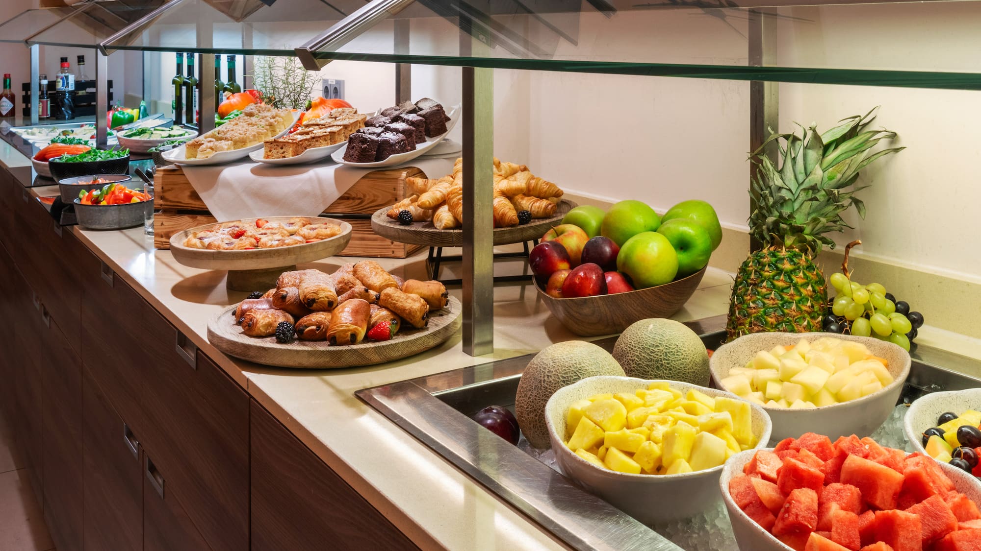 a buffet with food on plates