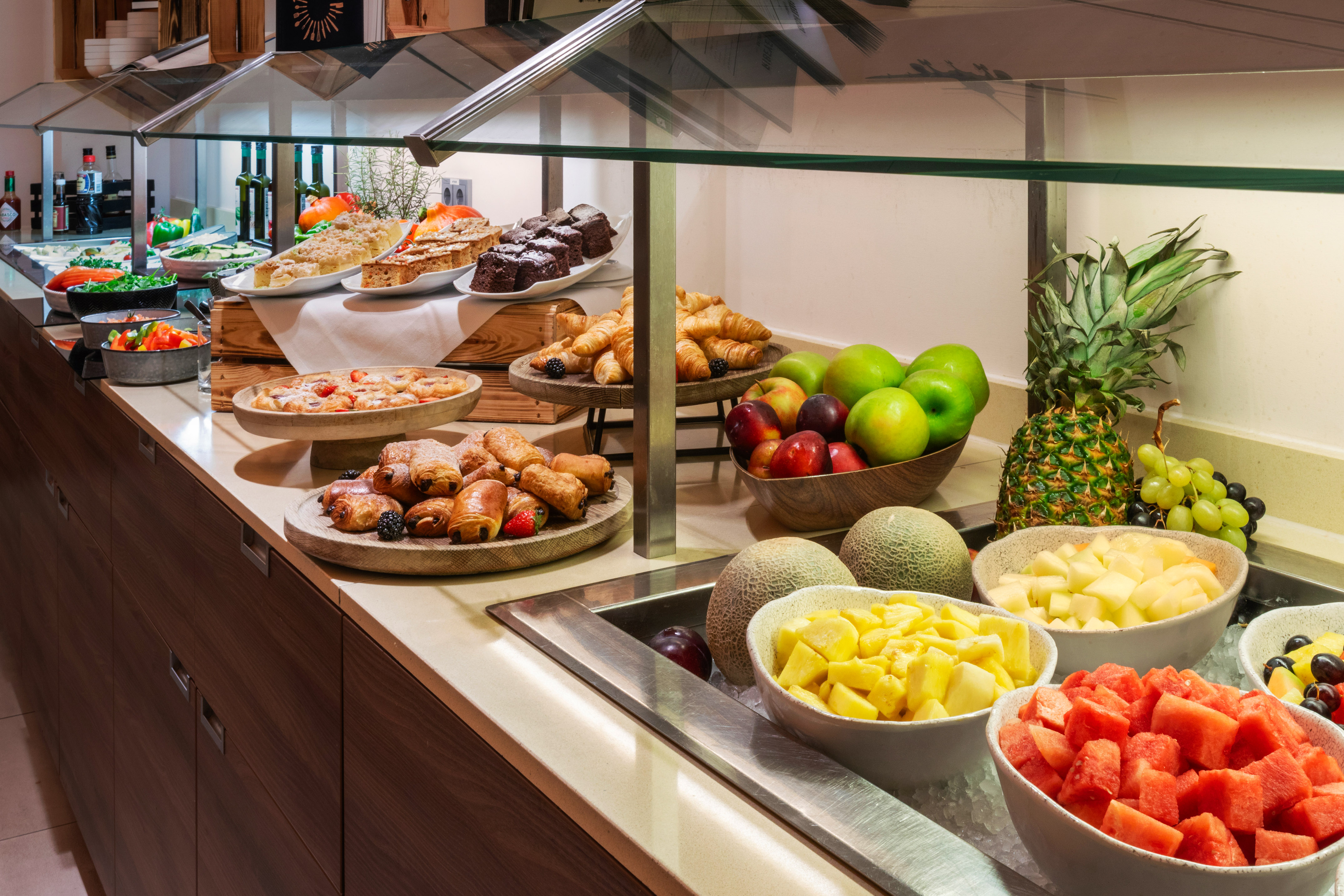a buffet with food on plates