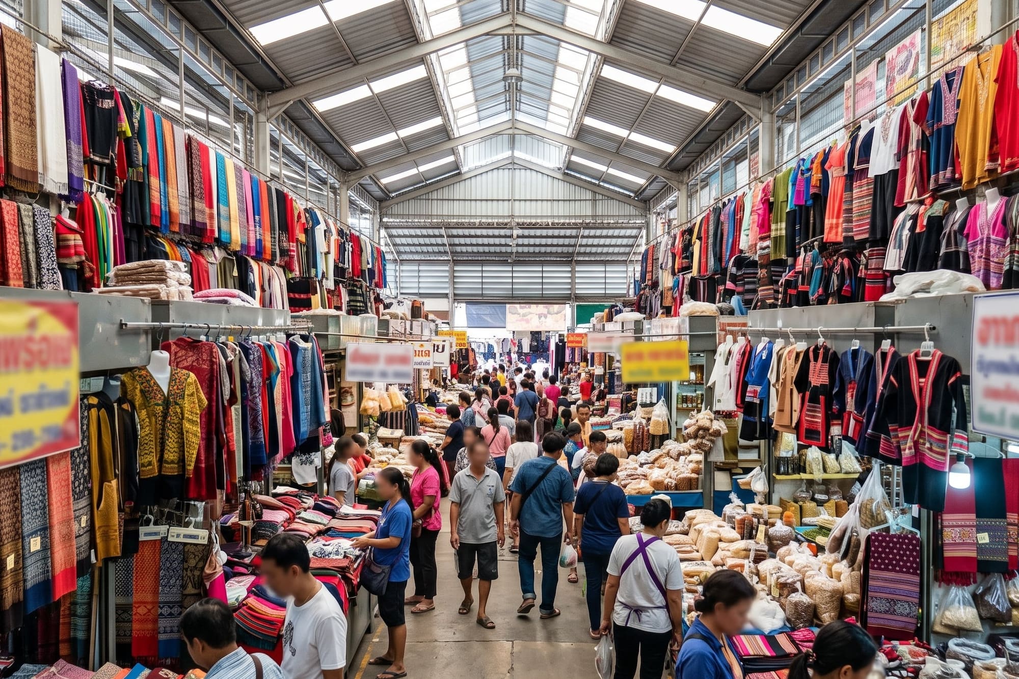 Busy market with vibrant traditional textiles, clothing, and shoppers.
