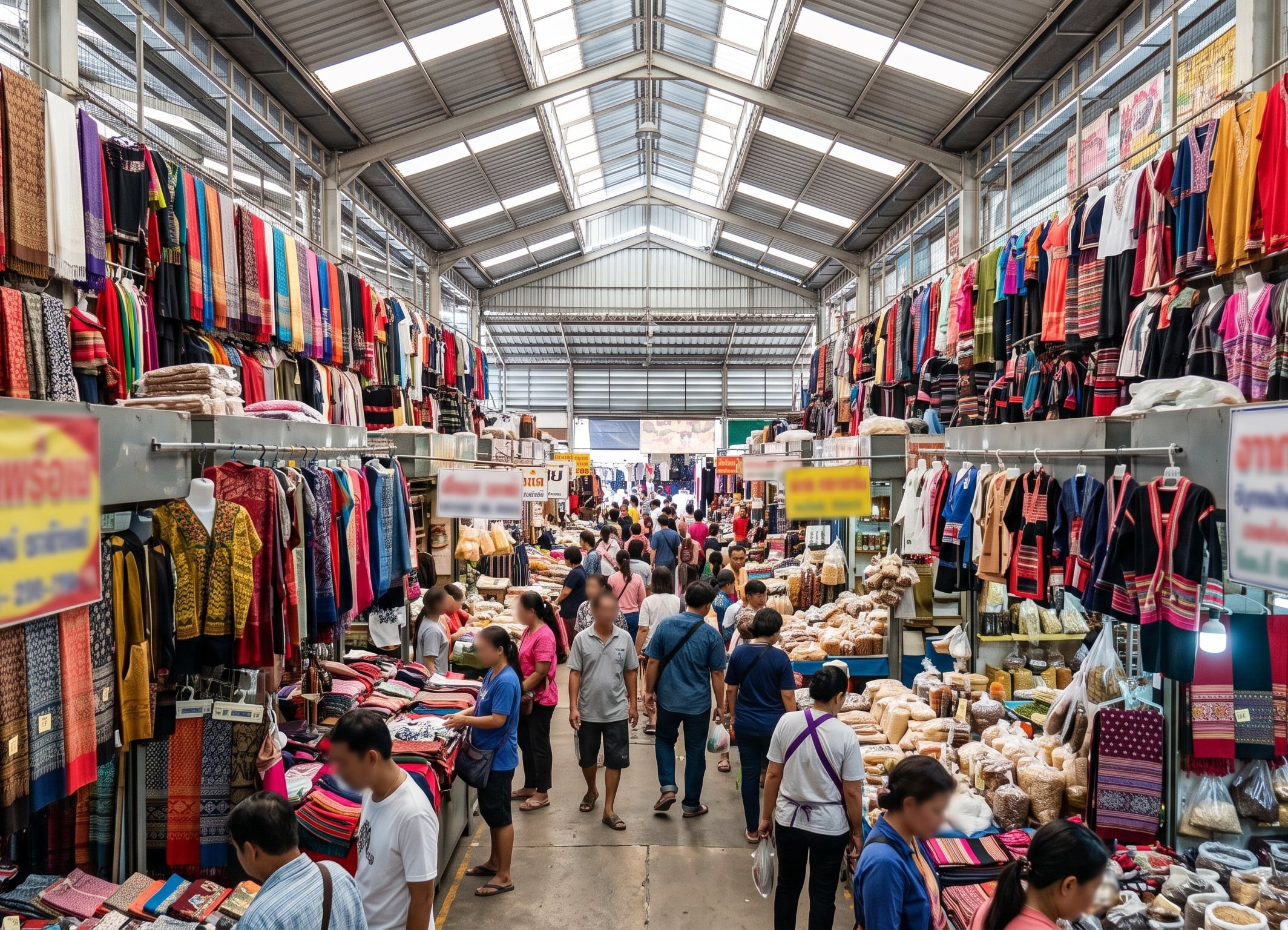 Busy market with vibrant traditional textiles, clothing, and shoppers.