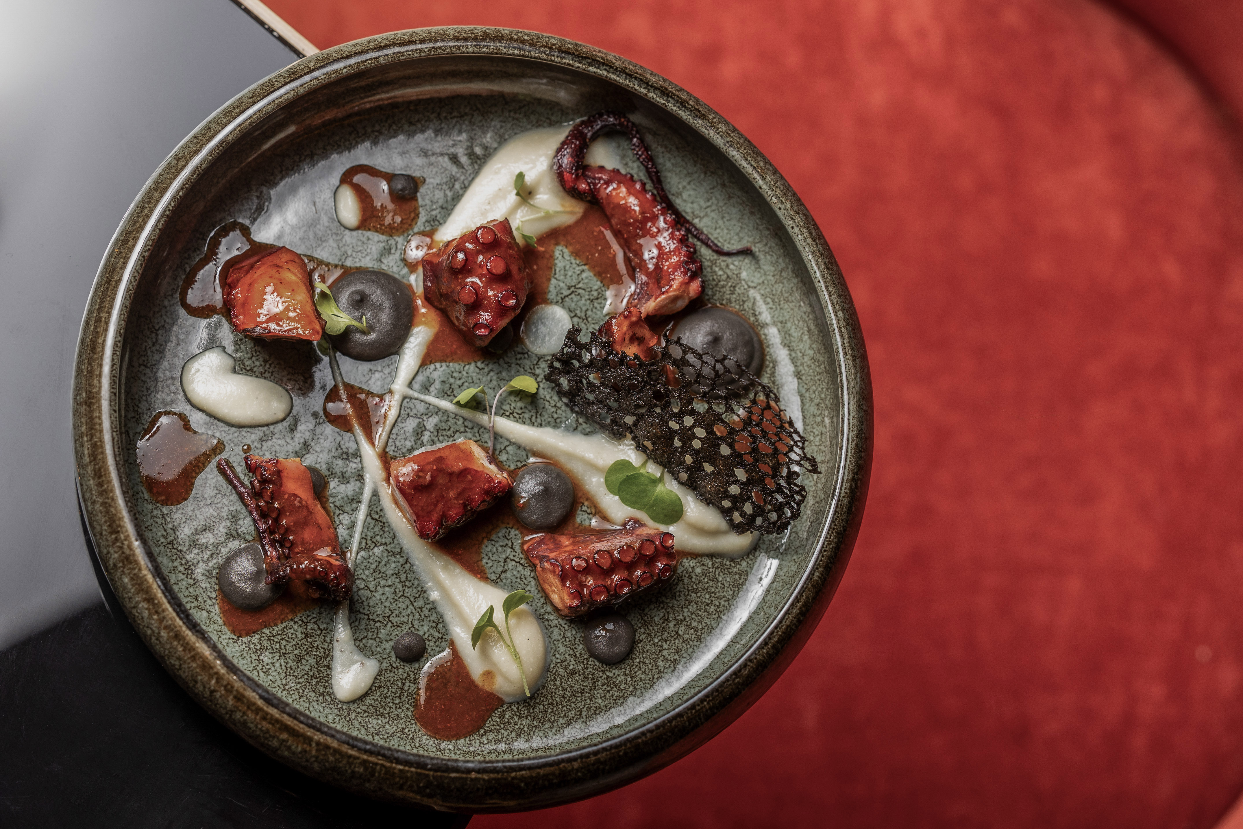 a bowl of food with a red background