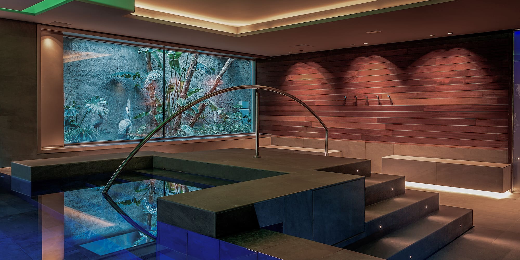 a pool with a staircase and a glass wall