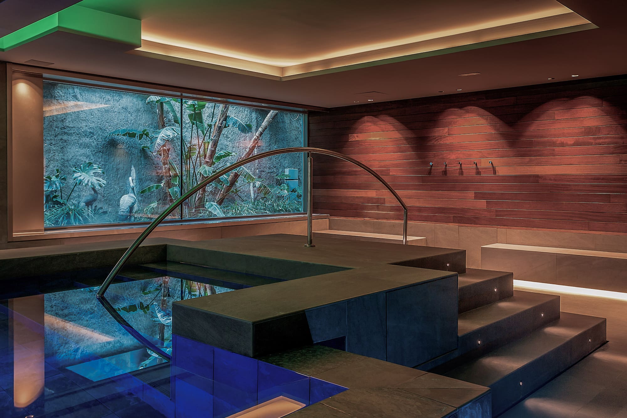 a pool with a staircase and a glass wall