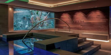 a pool with a staircase and a glass wall