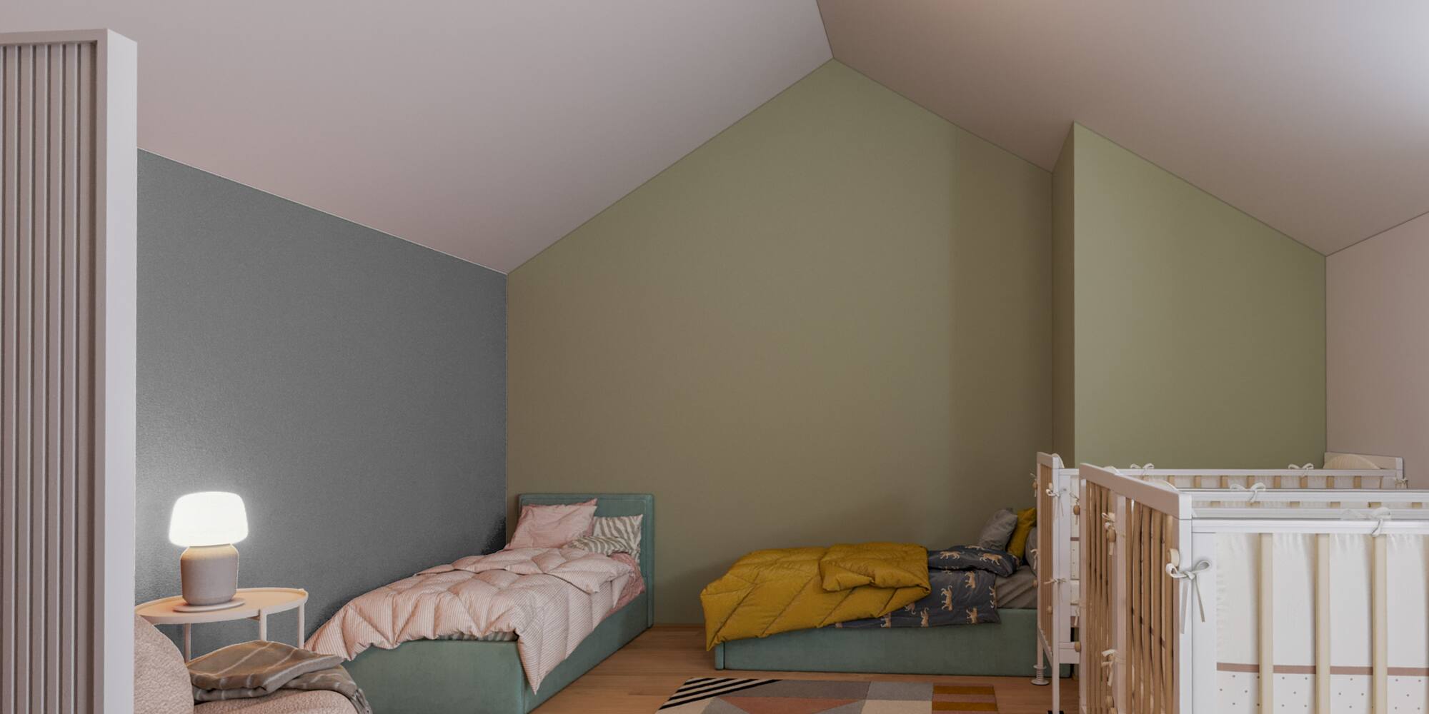 a room with a crib and bed